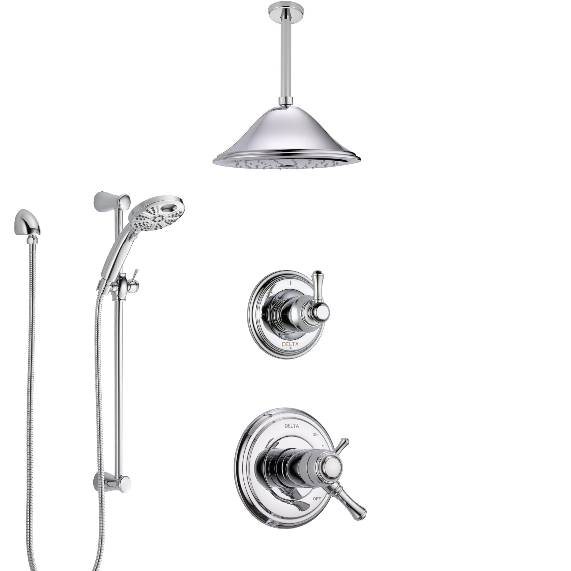 Delta Cassidy Chrome Finish Shower System with Dual Thermostatic Control Handle, Diverter, Ceiling Mount Showerhead, and Temp2O Hand Shower SS17T9724