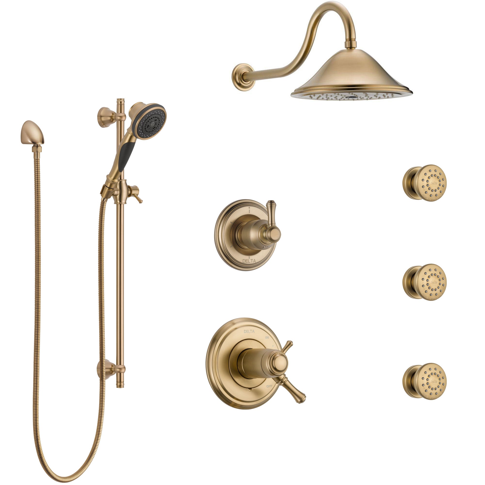 Delta Cassidy Champagne Bronze Shower System with Dual Thermostatic Control, Diverter, Showerhead, 3 Body Sprays, and Hand Shower SS17T972CZ1