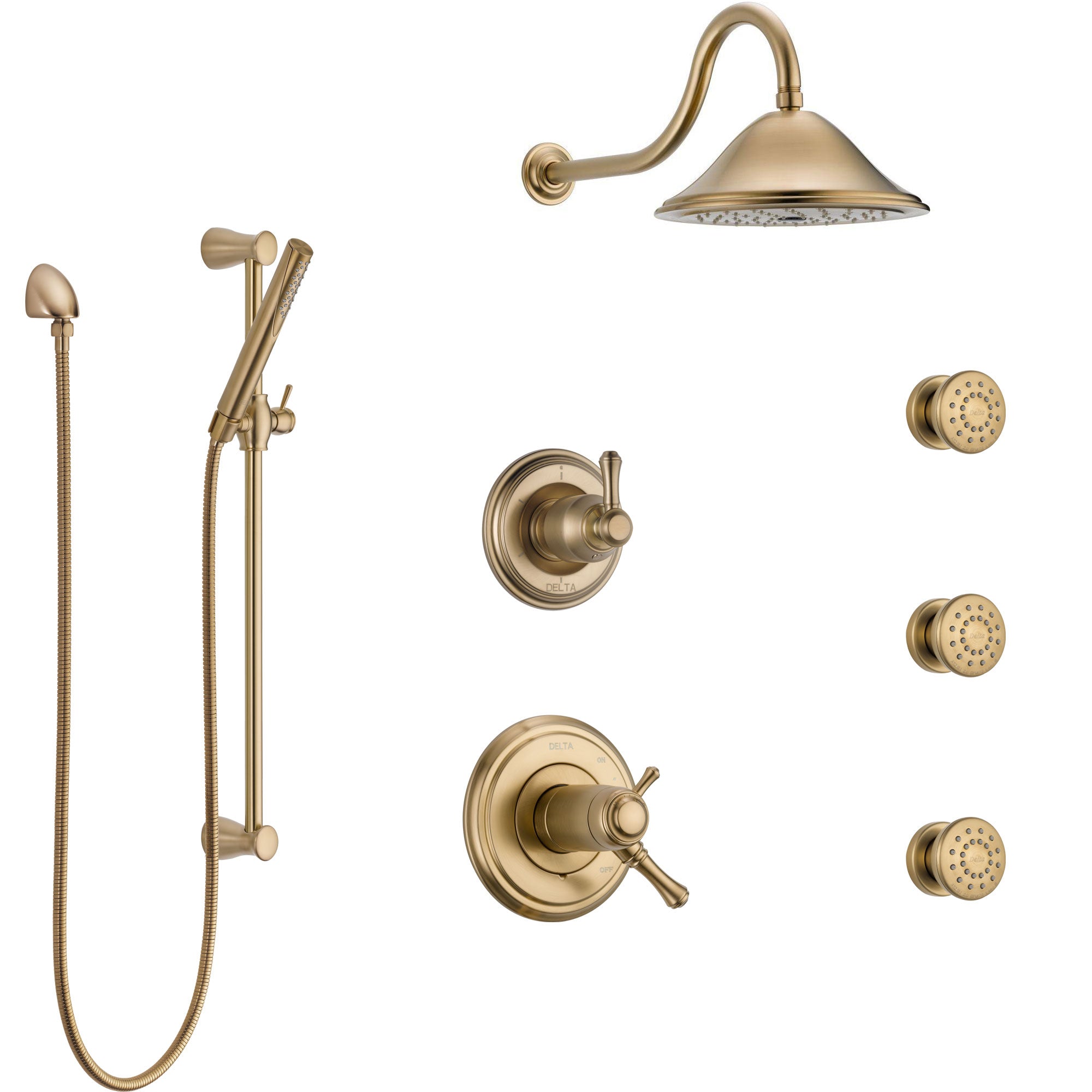 Delta Cassidy Champagne Bronze Shower System with Dual Thermostatic Control, Diverter, Showerhead, 3 Body Sprays, and Hand Shower SS17T972CZ2