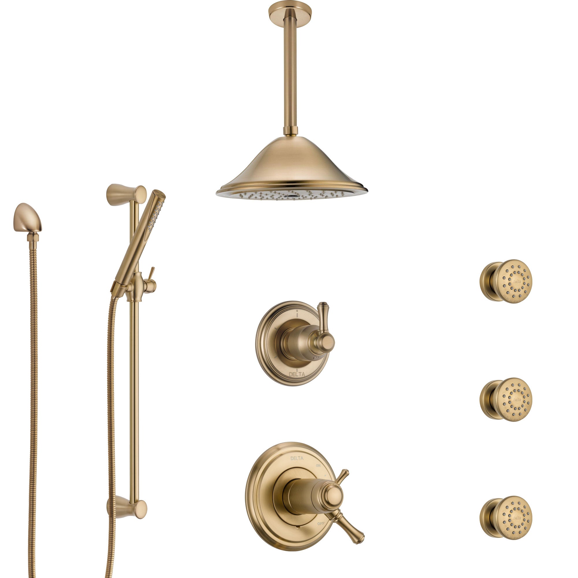 Delta Cassidy Champagne Bronze Shower System with Dual Thermostatic Control, Diverter, Ceiling Showerhead, 3 Body Sprays, and Hand Shower SS17T972CZ3