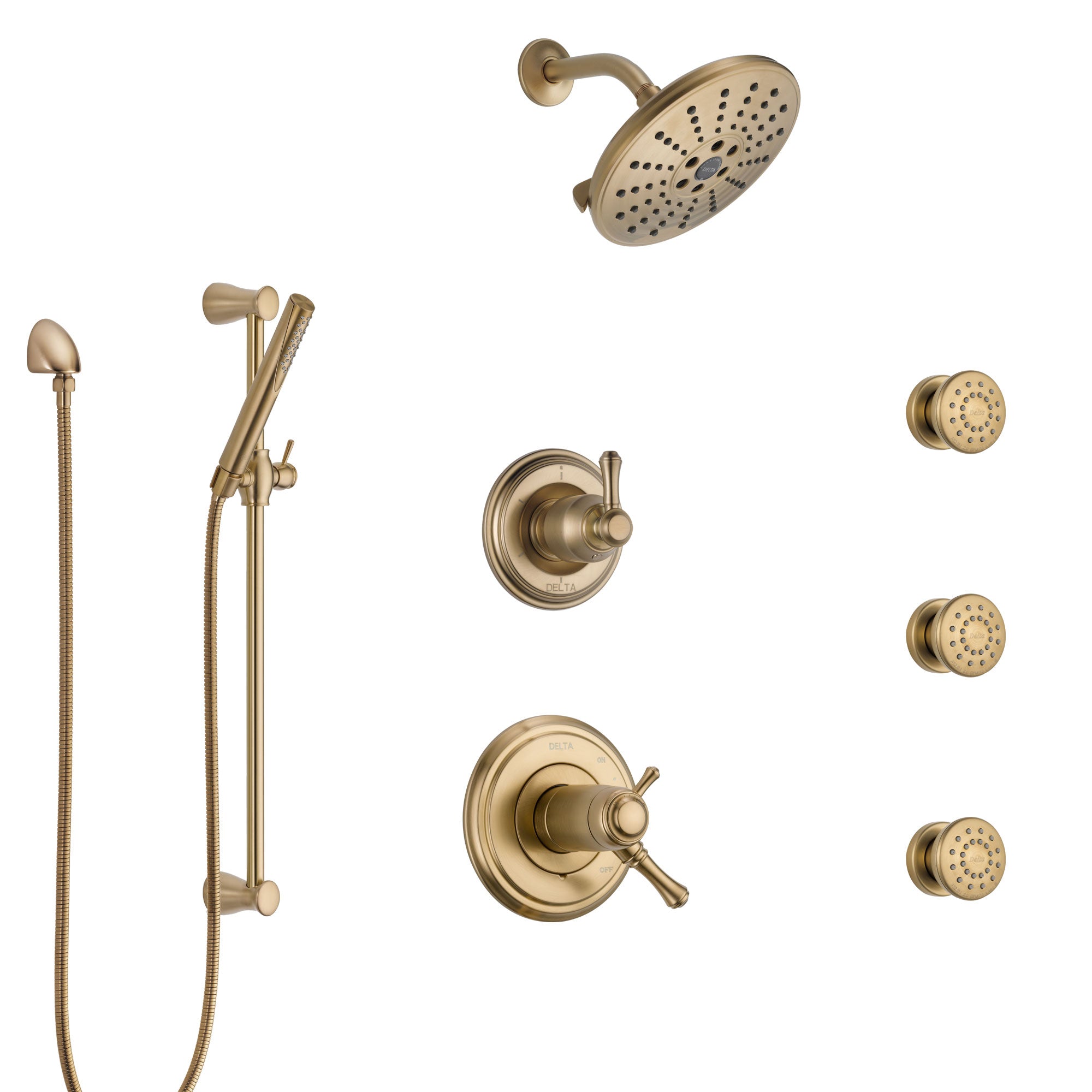 Delta Cassidy Champagne Bronze Shower System with Dual Thermostatic Control, Diverter, Showerhead, 3 Body Sprays, and Hand Shower SS17T972CZ7