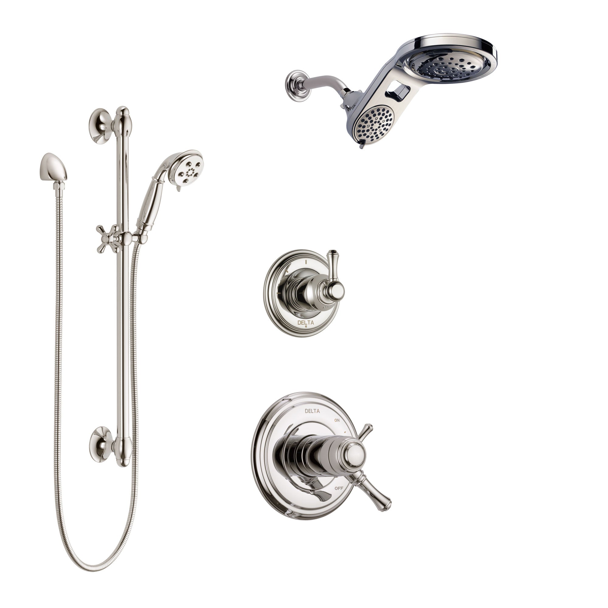 Delta Cassidy Polished Nickel Shower System with Dual Thermostatic Control Handle, Diverter, Dual Showerhead, and Hand Shower SS17T972PN1