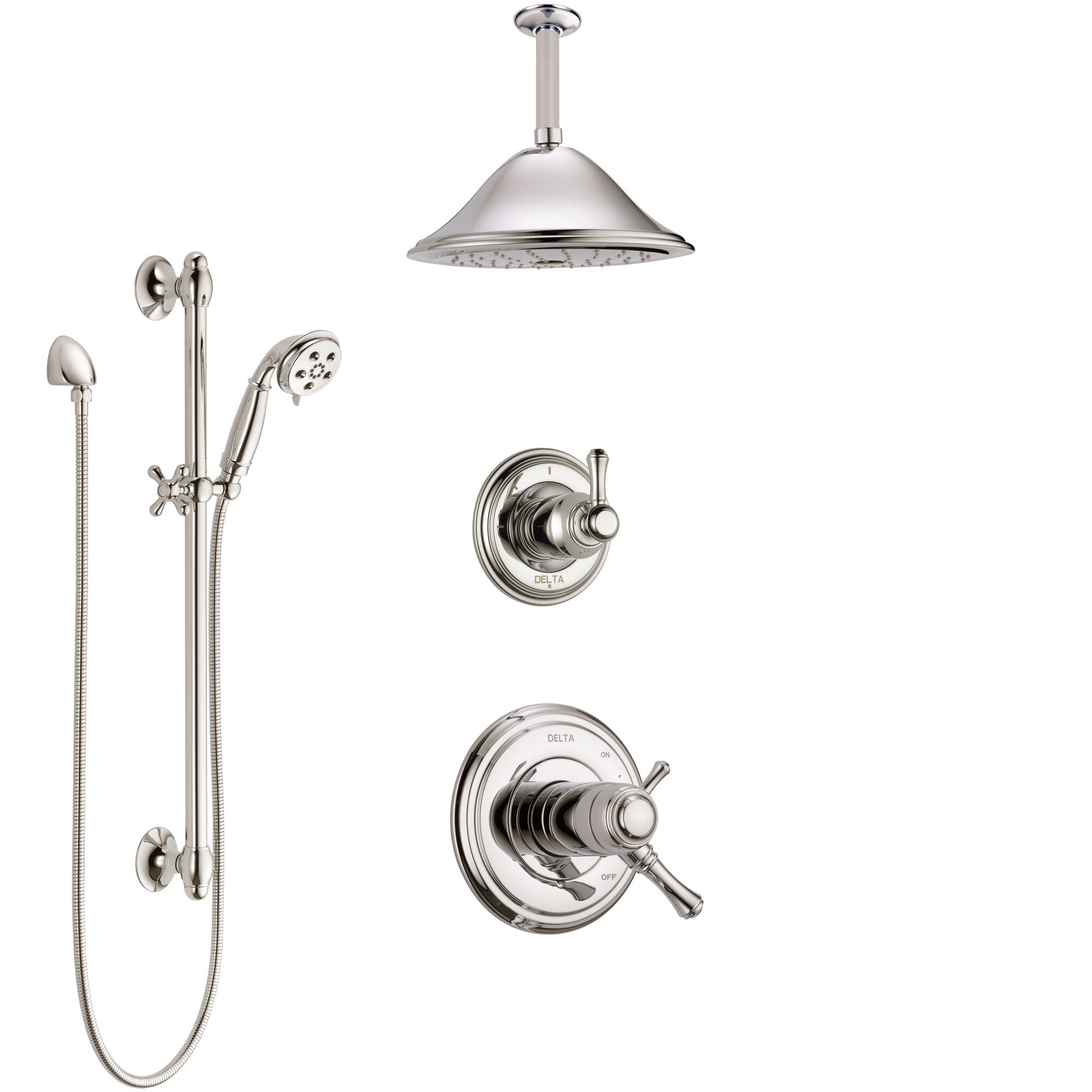 Delta Cassidy Polished Nickel Shower System with Dual Thermostatic Control Handle, Diverter, Ceiling Mount Showerhead, and Hand Shower SS17T972PN3