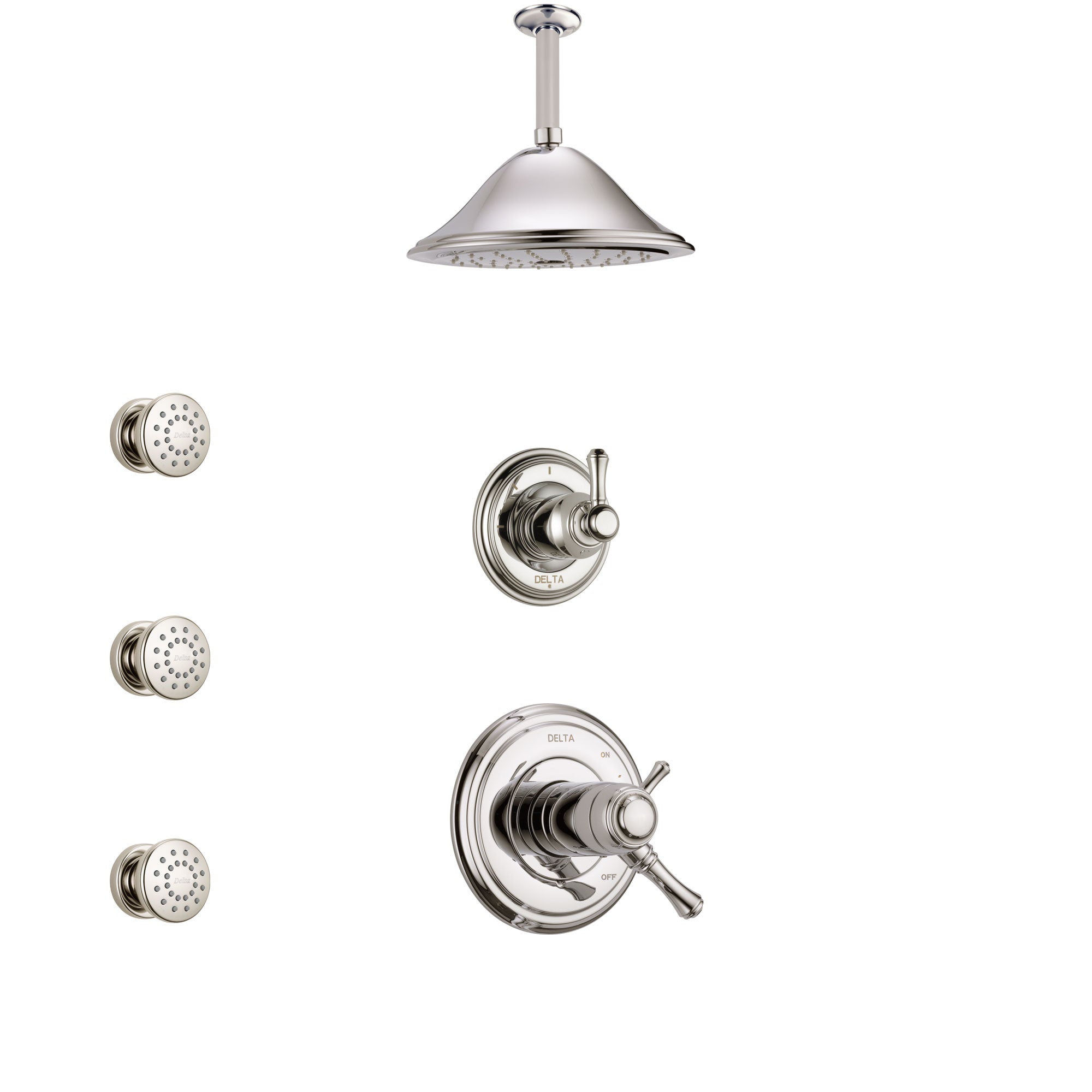 Delta Cassidy Polished Nickel Shower System with Dual Thermostatic Control Handle, Diverter, Ceiling Mount Showerhead, and 3 Body Sprays SS17T972PN4