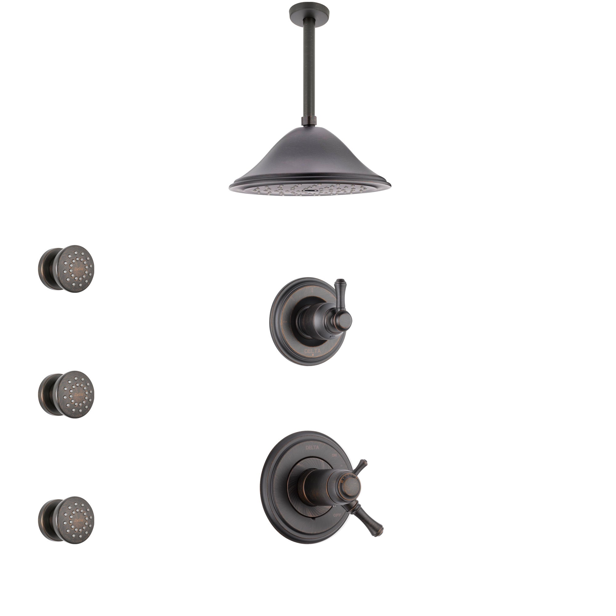 Delta Cassidy Venetian Bronze Shower System with Dual Thermostatic Control Handle, Diverter, Ceiling Mount Showerhead, and 3 Body Sprays SS17T972RB2