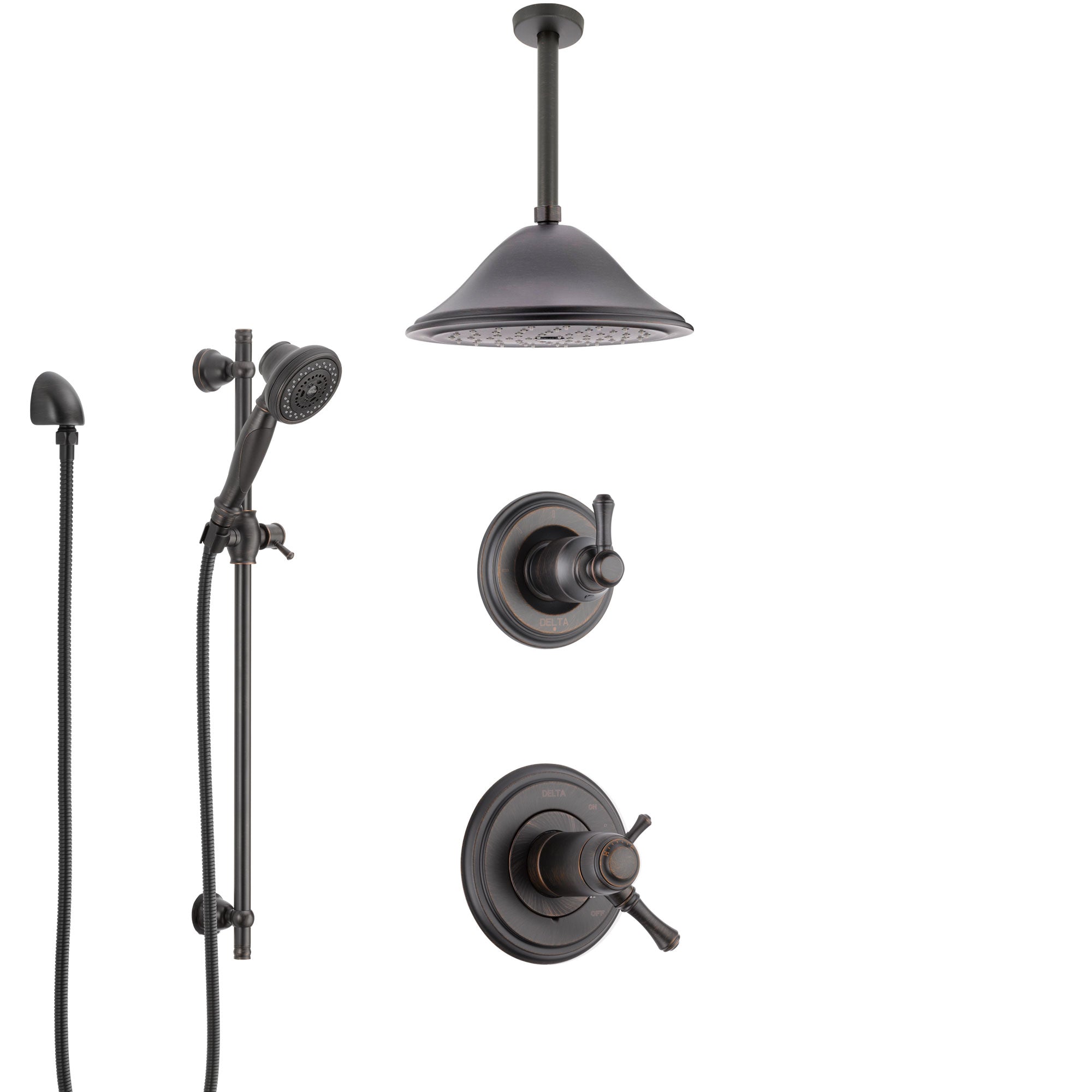 Delta Cassidy Venetian Bronze Shower System with Dual Thermostatic Control Handle, Diverter, Ceiling Mount Showerhead, and Hand Shower SS17T972RB3