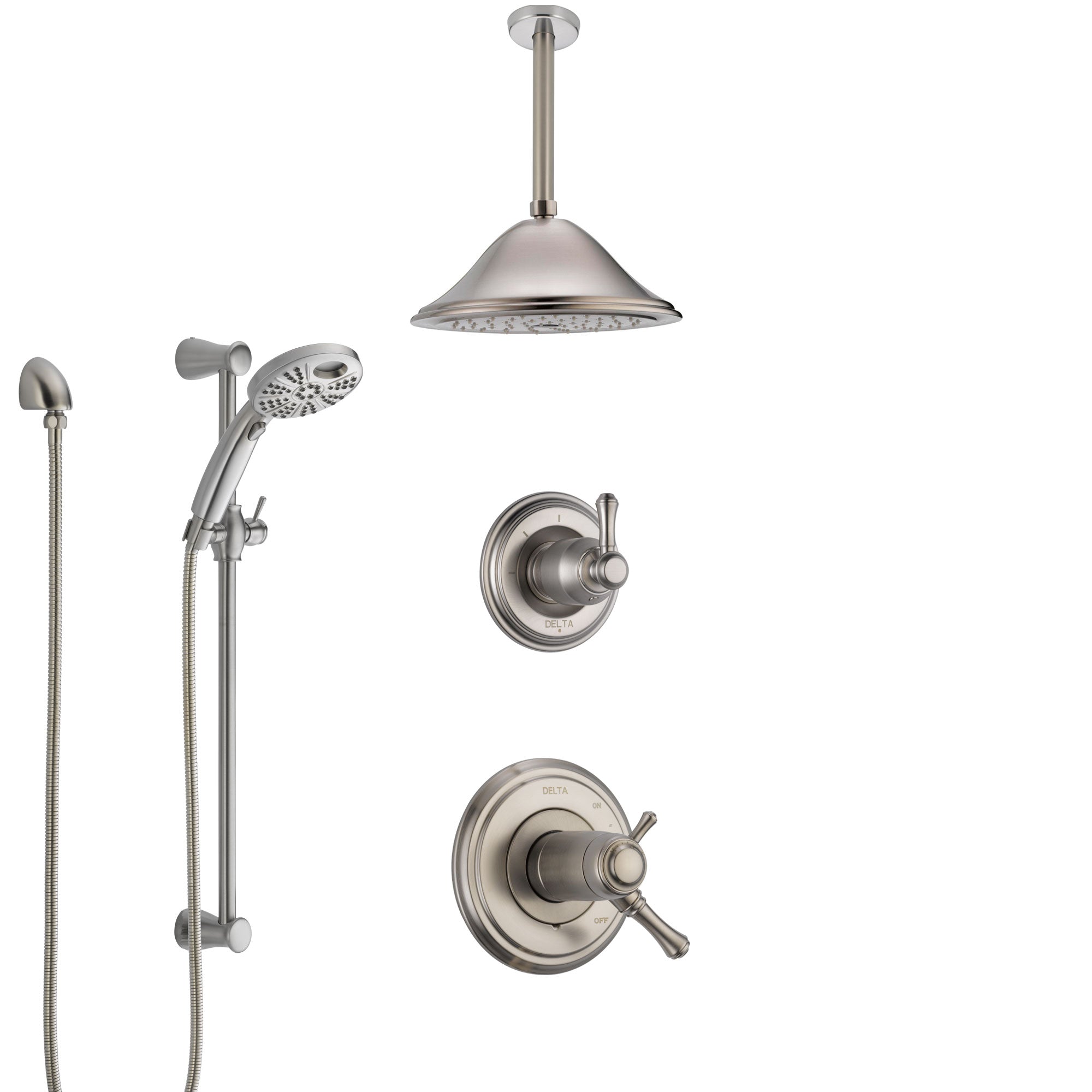 Delta Cassidy Dual Thermostatic Control Stainless Steel Finish Shower System, Diverter, Ceiling Mount Showerhead, and Temp2O Hand Shower SS17T972SS2