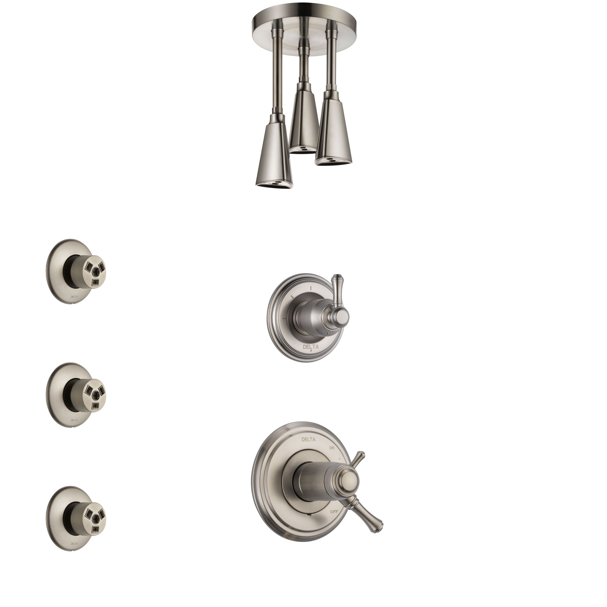 Delta Cassidy Dual Thermostatic Control Handle Stainless Steel Finish Shower System, Diverter, Ceiling Mount Showerhead, and 3 Body Sprays SS17T972SS4