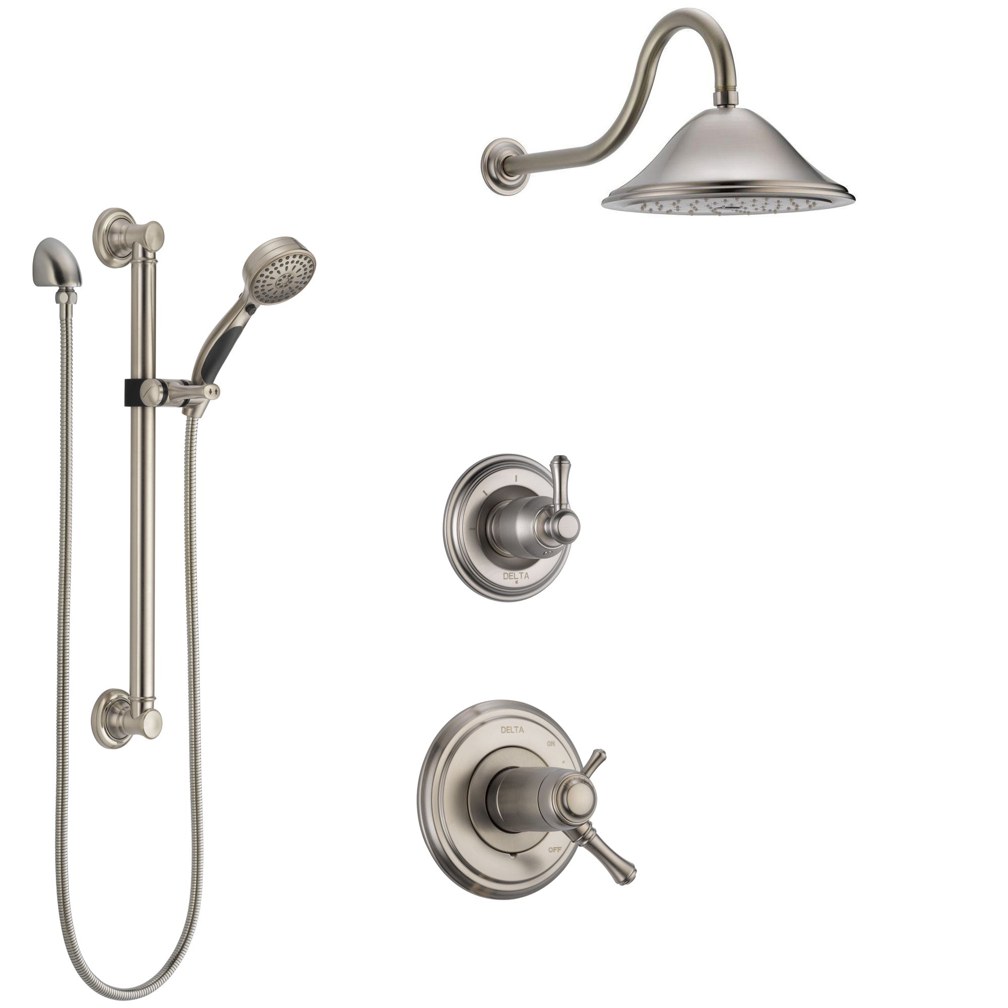 Delta Cassidy Dual Thermostatic Control Handle Stainless Steel Finish Shower System, Diverter, Showerhead, and Hand Shower with Grab Bar SS17T972SS6