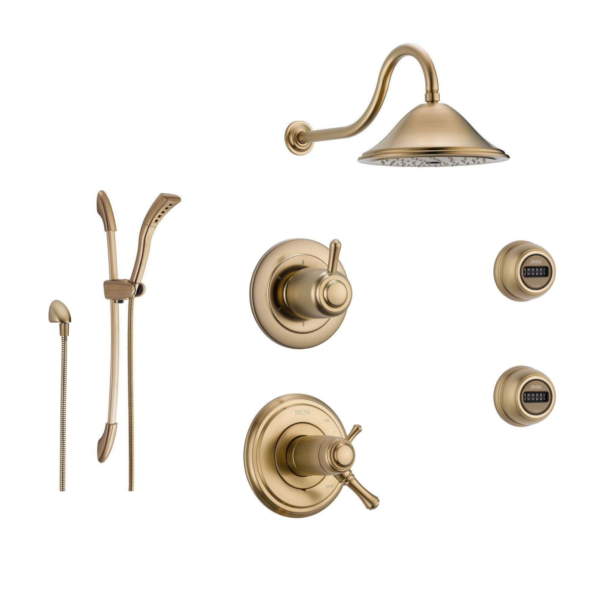 Delta Cassidy Champagne Bronze Shower System with Thermostatic Shower Handle, 6-setting Diverter, Large Rain Shower Head, Hand Shower, and 2 Body Sprays SS17T9791CZ