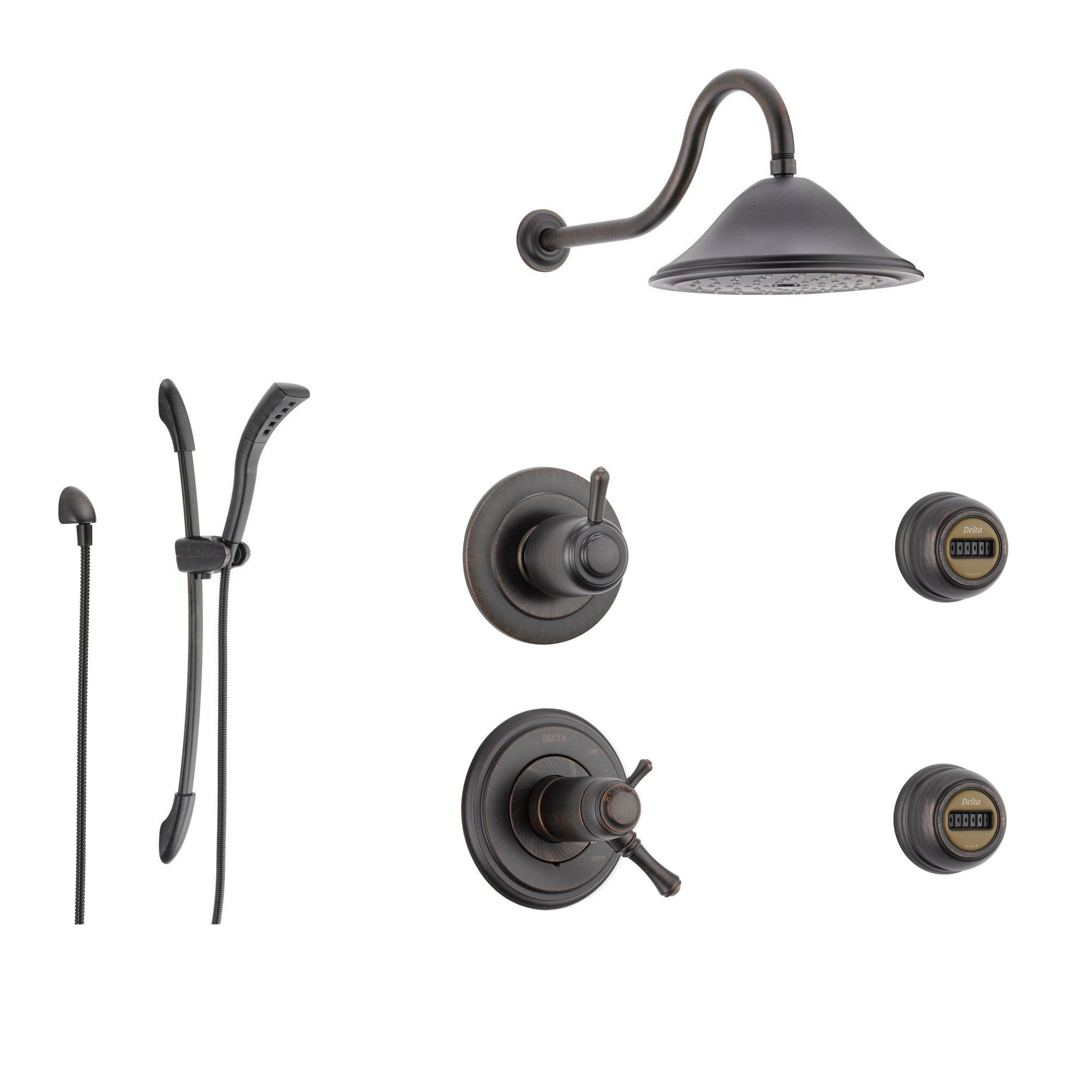 Delta Cassidy Venetian Bronze Shower System with Thermostatic Shower Handle, 6-setting Diverter, Large Rain Showerhead, Handheld Shower, and 2 Body Sprays SS17T9791RB