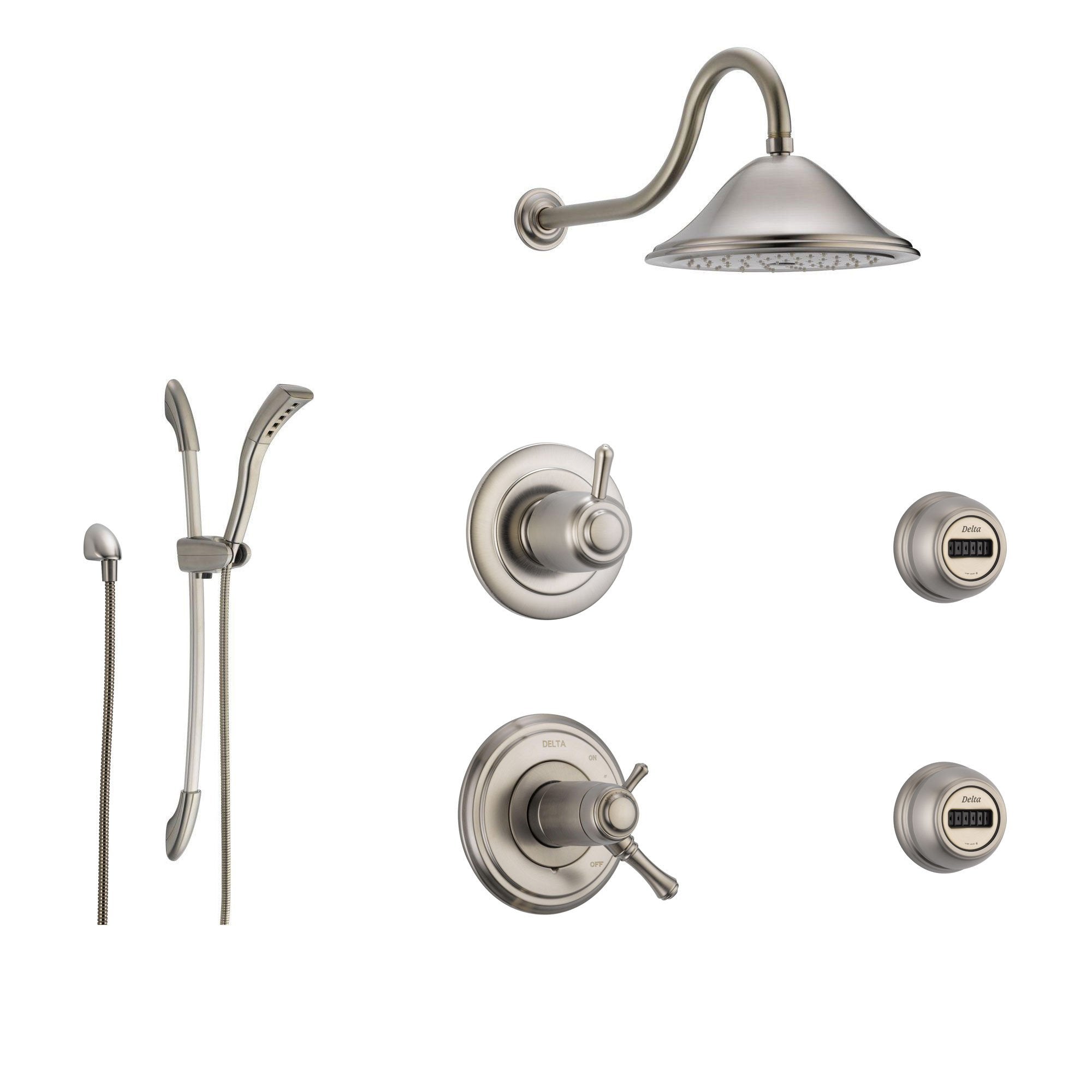 Delta Cassidy Stainless Steel Shower System with Thermostatic Shower Handle, 6-setting Diverter, Large Rain Showerhead, Handheld Shower, and 2 Body Sprays SS17T9791SS