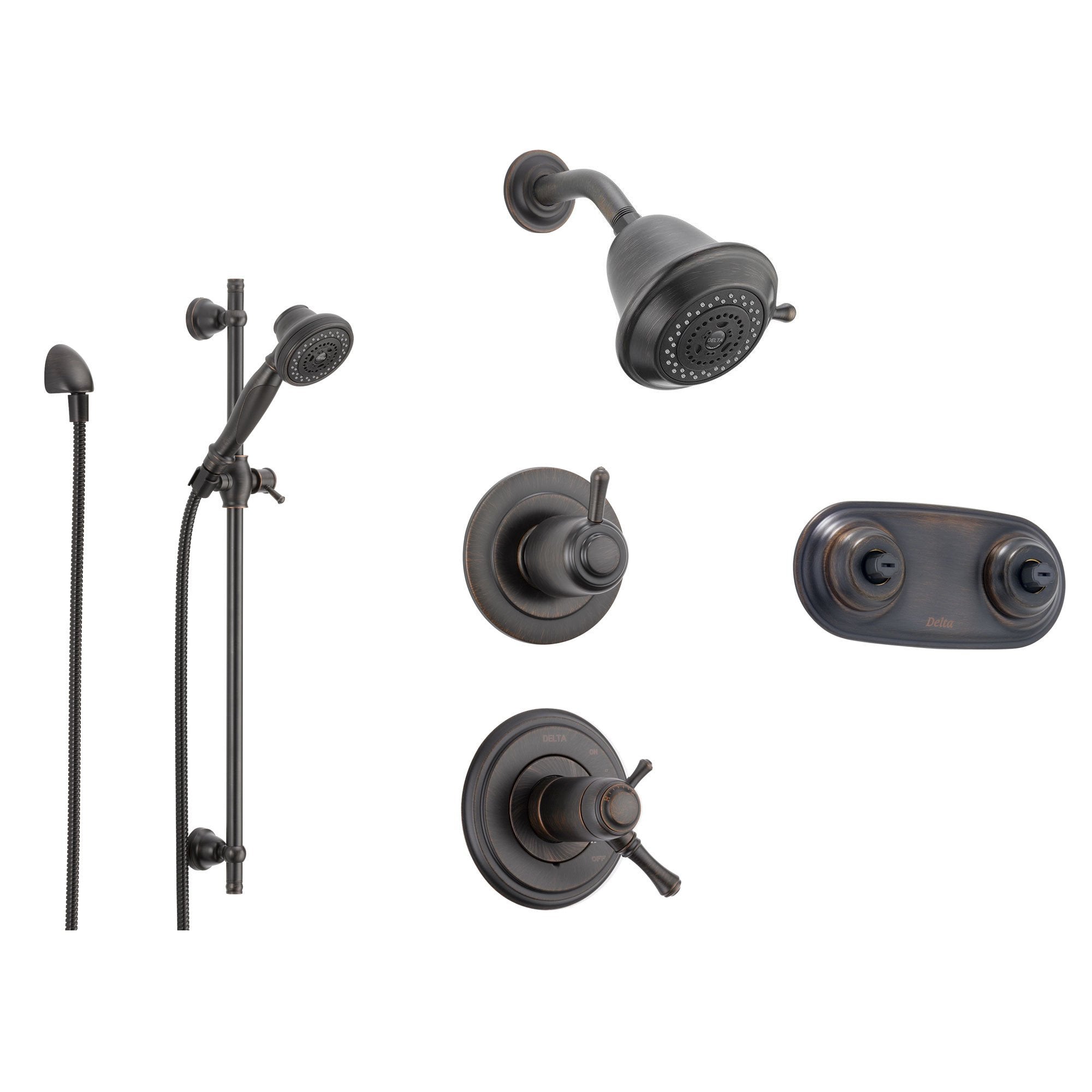 Delta Cassidy Venetian Bronze Shower System with Thermostatic Shower Handle, 6-setting Diverter, Showerhead, Handheld Shower Spray, and Dual Spray Shower Plate SS17T9792RB