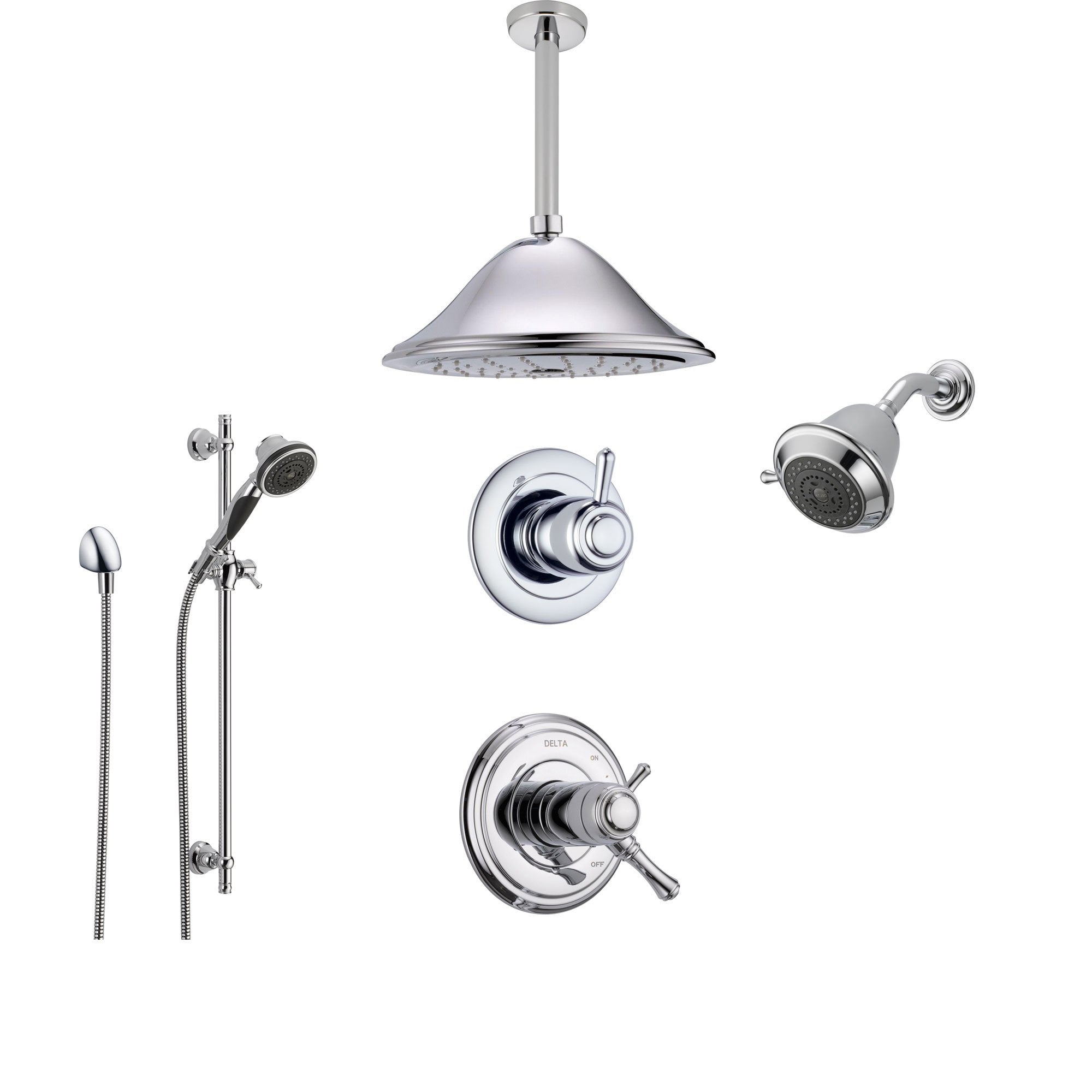Delta Cassidy Chrome Shower System with Thermostatic Shower Handle, 6-setting Diverter, Large Rain Ceiling Mount Showerhead, Wall Mount Showerhead, and Handheld Shower SS17T9793