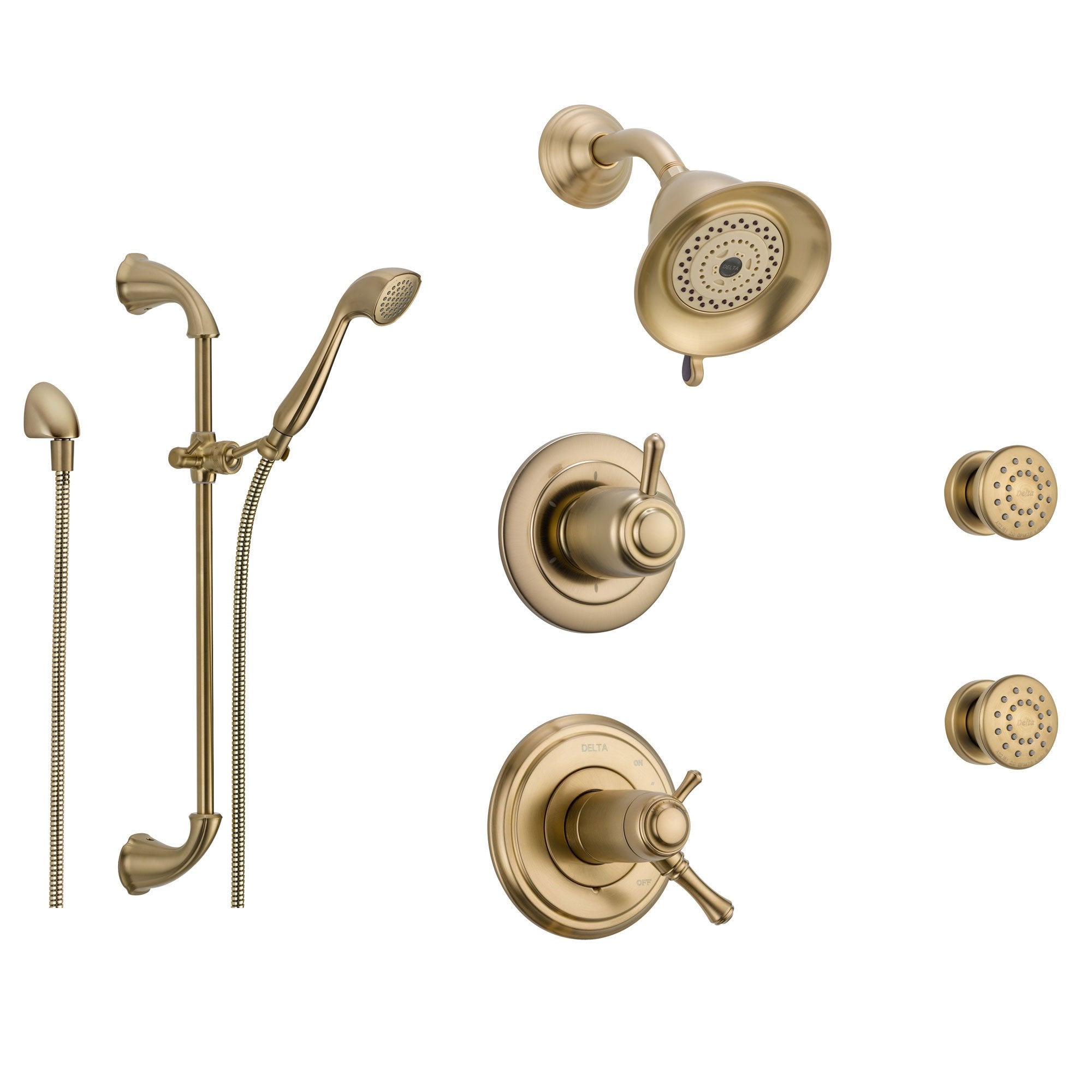 Delta Cassidy Champagne Bronze Shower System with Thermostatic Shower Handle, 6-setting Diverter, Showerhead, Handheld Shower, and 2 Body Sprays SS17T9794CZ