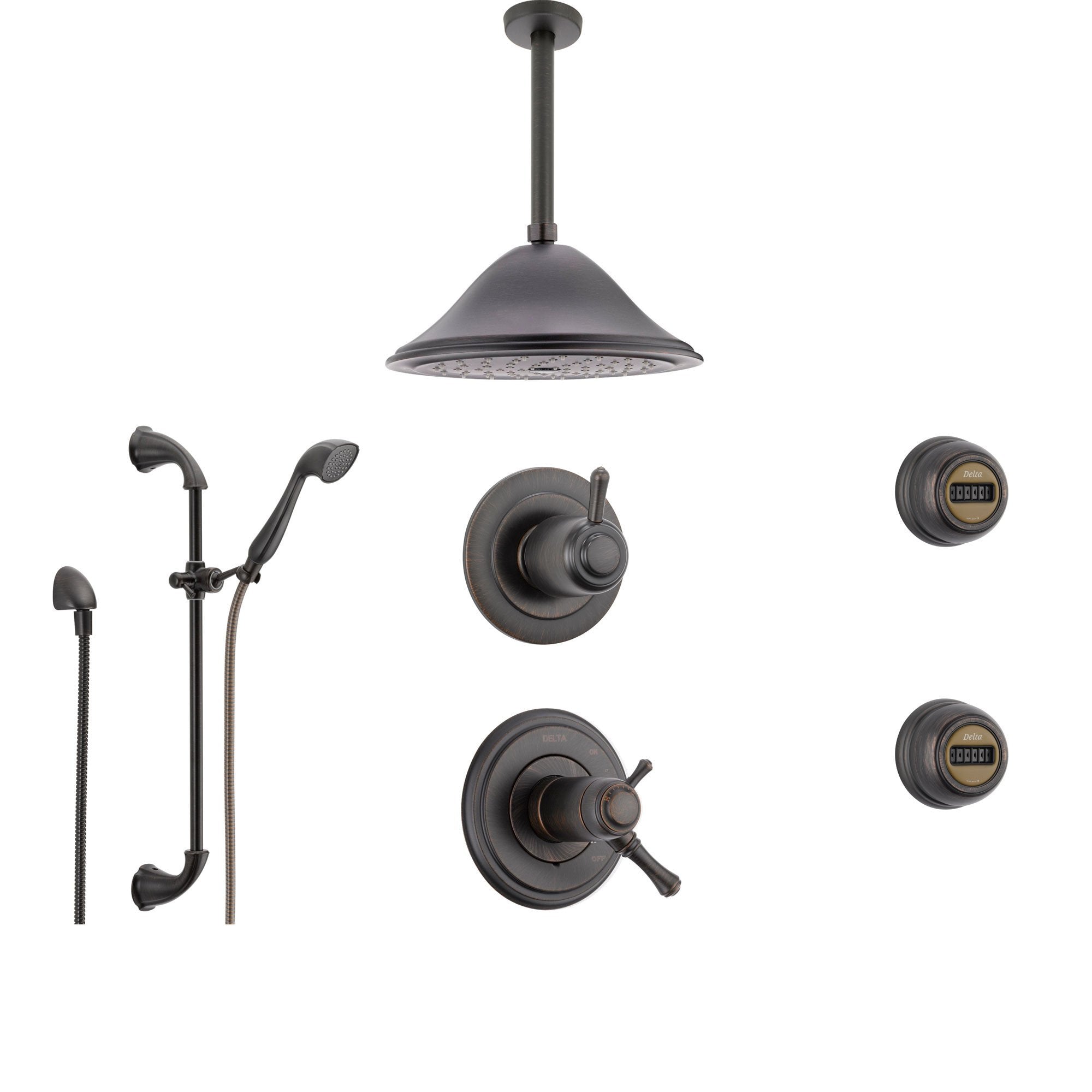 Delta Cassidy Venetian Bronze Shower System with Thermostatic Shower Handle, 6-setting Diverter, Large Rain Showerhead, Handheld Shower, and 2 Body Sprays SS17T9795RB