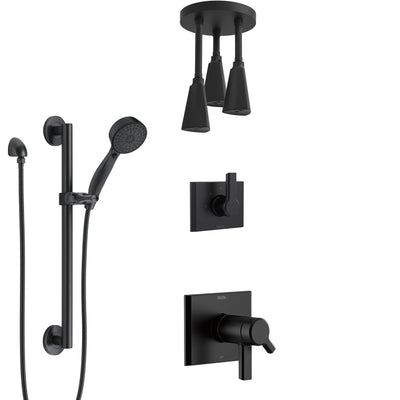 Delta Pivotal Matte Black Thermostatic Shower System with Triple Pendant Ceiling Mount Showerhead Fixture and Hand Shower with Grab Bar SS17T993BL10