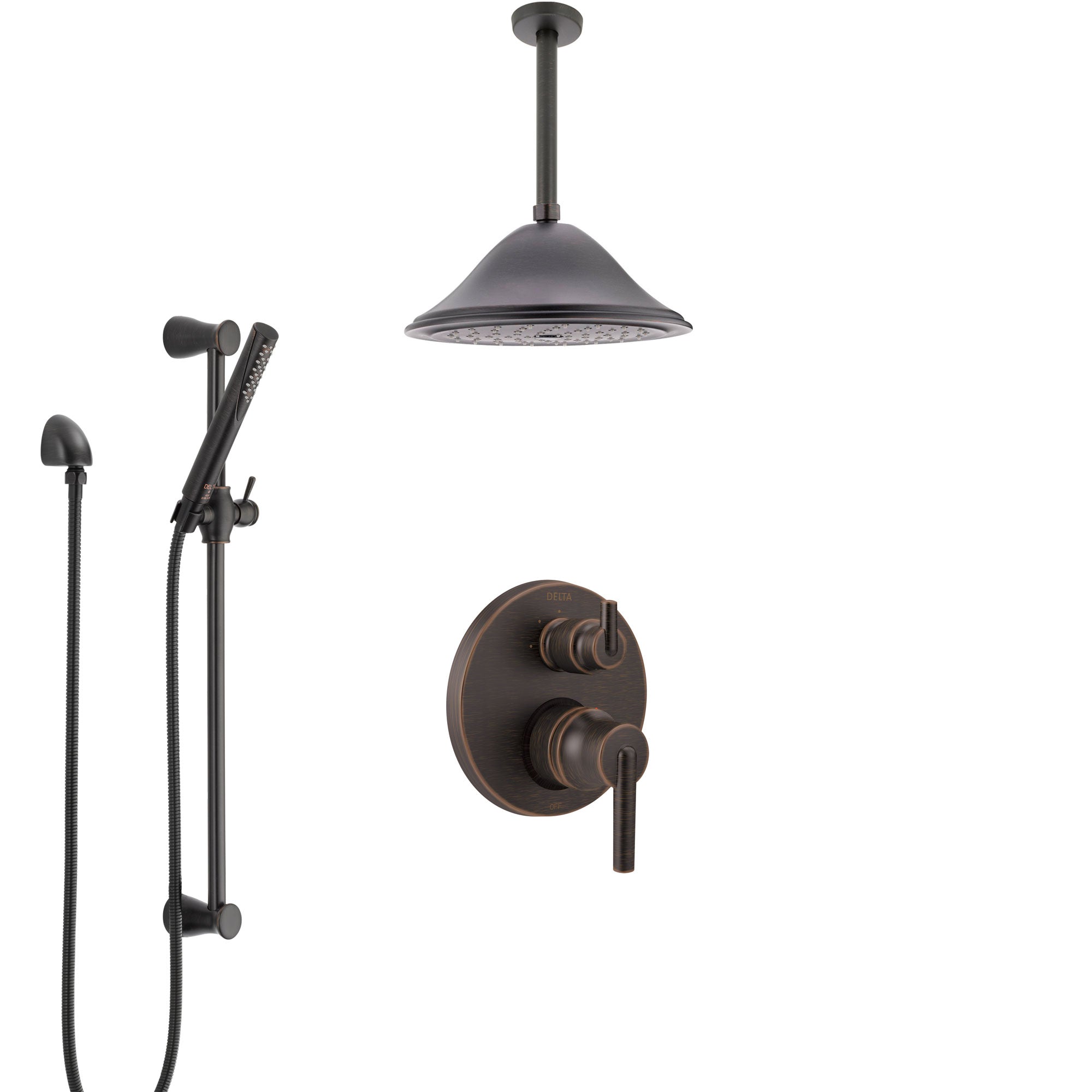 Delta Trinsic Venetian Bronze Shower System with Control Handle, Integrated Diverter, Ceiling Mount Showerhead, and Hand Shower SS24859RB8