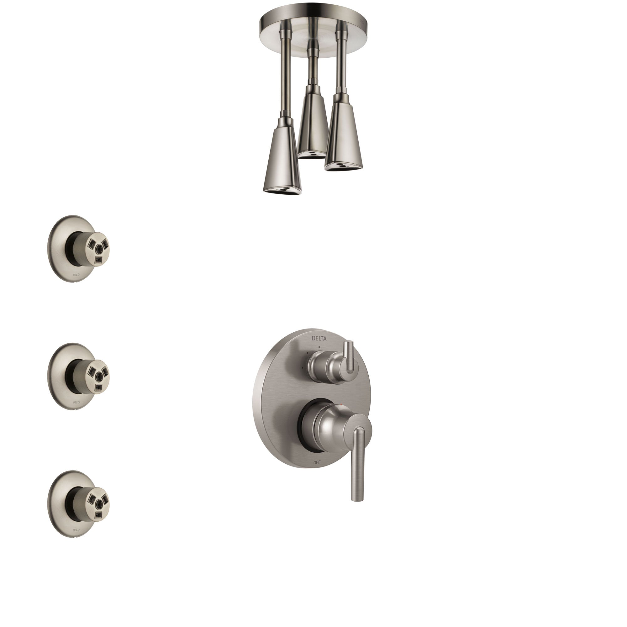Delta Trinsic Stainless Steel Finish Shower System with Control Handle, Integrated Diverter, Ceiling Mount Showerhead, and 3 Body Sprays SS24859SS2