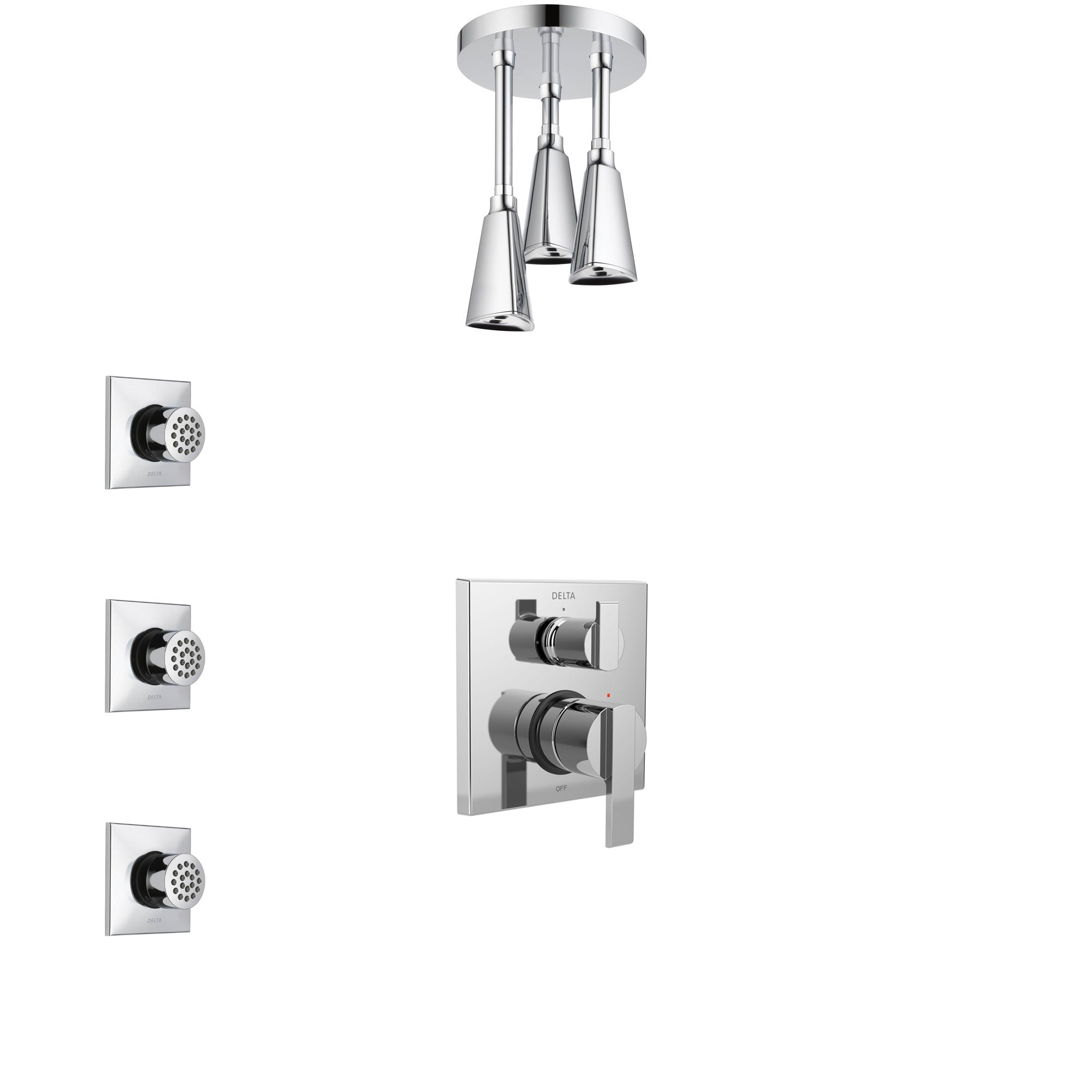 Delta Ara Chrome Finish Shower System with Control Handle, Integrated 3-Setting Diverter, Ceiling Mount Showerhead, and 3 Body Sprays SS248674