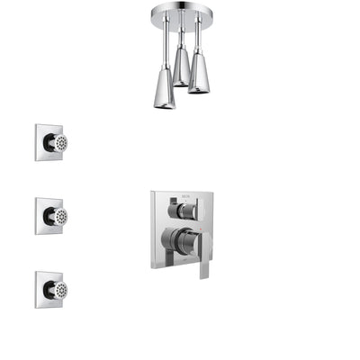 Delta Ara Chrome Finish Shower System with Control Handle, Integrated 3-Setting Diverter, Ceiling Mount Showerhead, and 3 Body Sprays SS248674