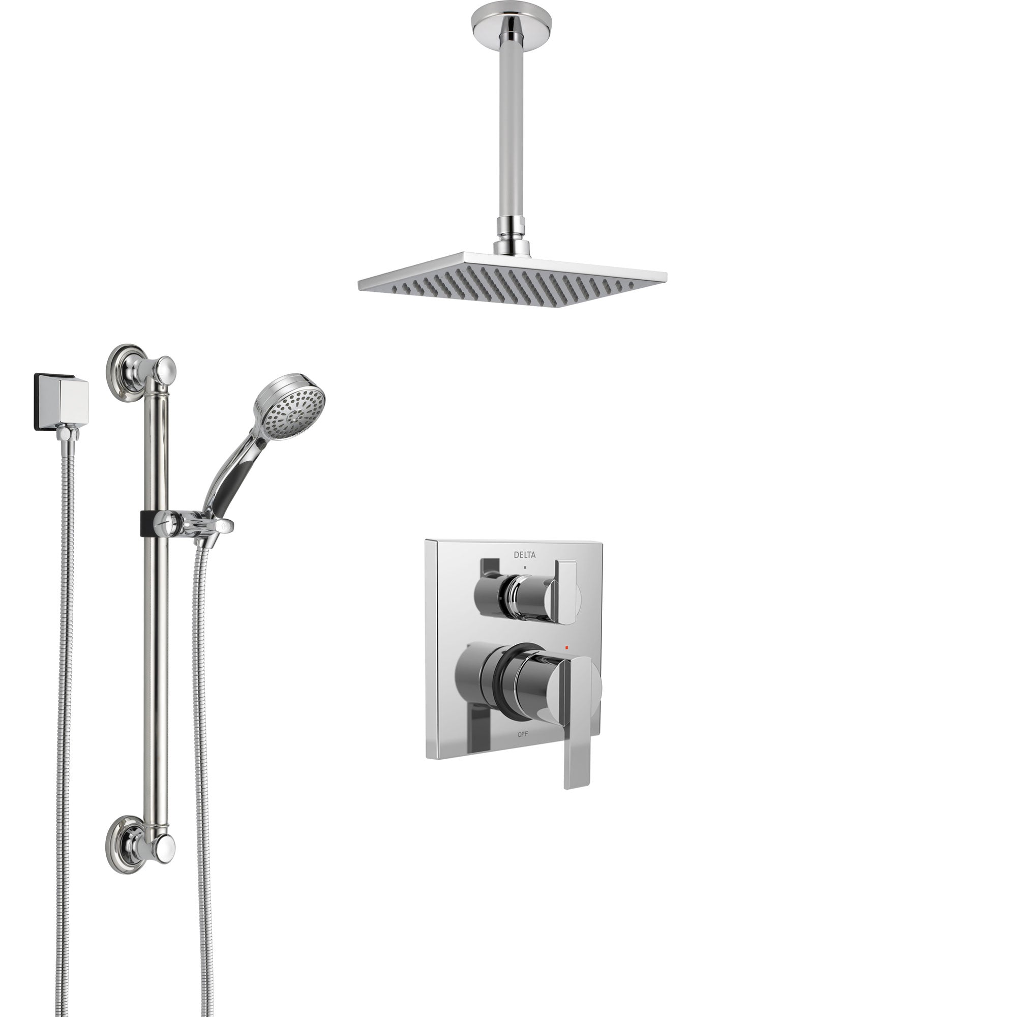 Delta Ara Chrome Finish Shower System with Control Handle, Integrated Diverter, Ceiling Mount Showerhead, and Hand Shower with Grab Bar SS248679