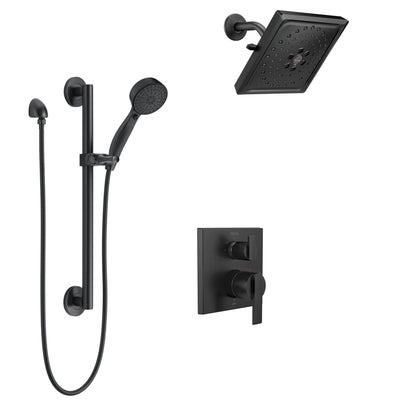 Delta Ara Matte Black Finish Shower System with Diverter Integrated, Wall Mounted Multi-Setting Showerhead, and Hand Shower with Grab Bar SS24867BL5