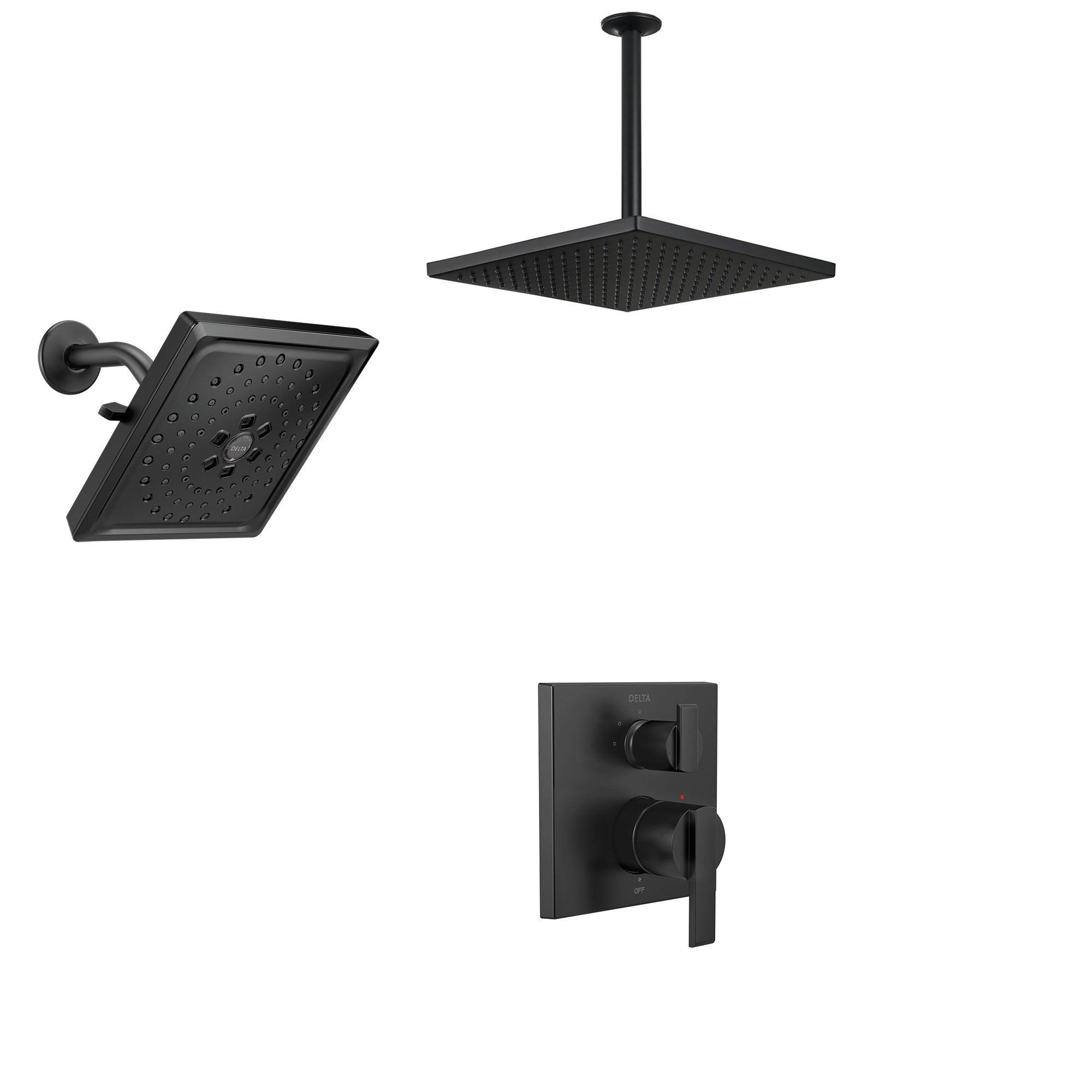Delta Ara Matte Black Integrated Diverter Shower System with Ceiling Mounted Large Square Rain Showerhead and Multi-Setting Wall Showerhead SS24867BL7
