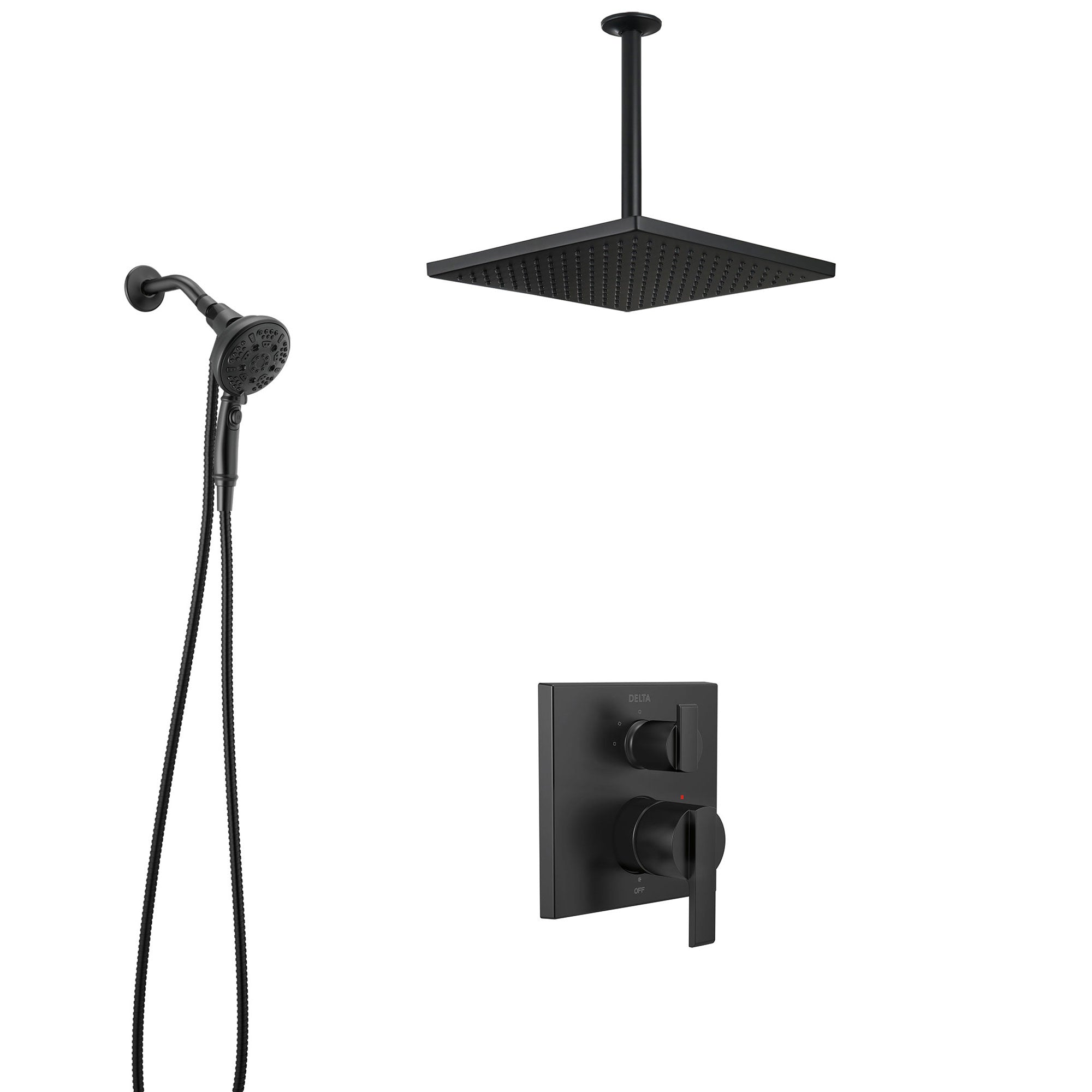 Delta Ara Matte Black Finish Shower System with Integrated Diverter, Detachable SureDock Hand Shower, and Large Ceiling Mounted Rain Head SS24867BL8