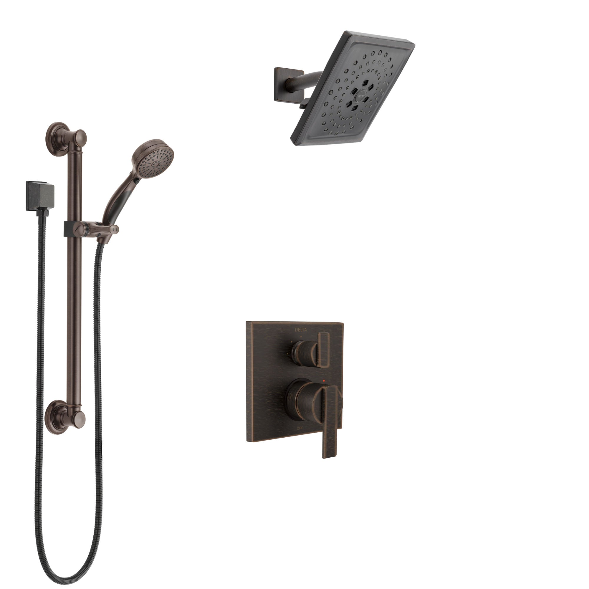 Delta Ara Venetian Bronze Shower System with Control Handle, Integrated 3-Setting Diverter, Showerhead, and Hand Shower with Grab Bar SS24867RB3
