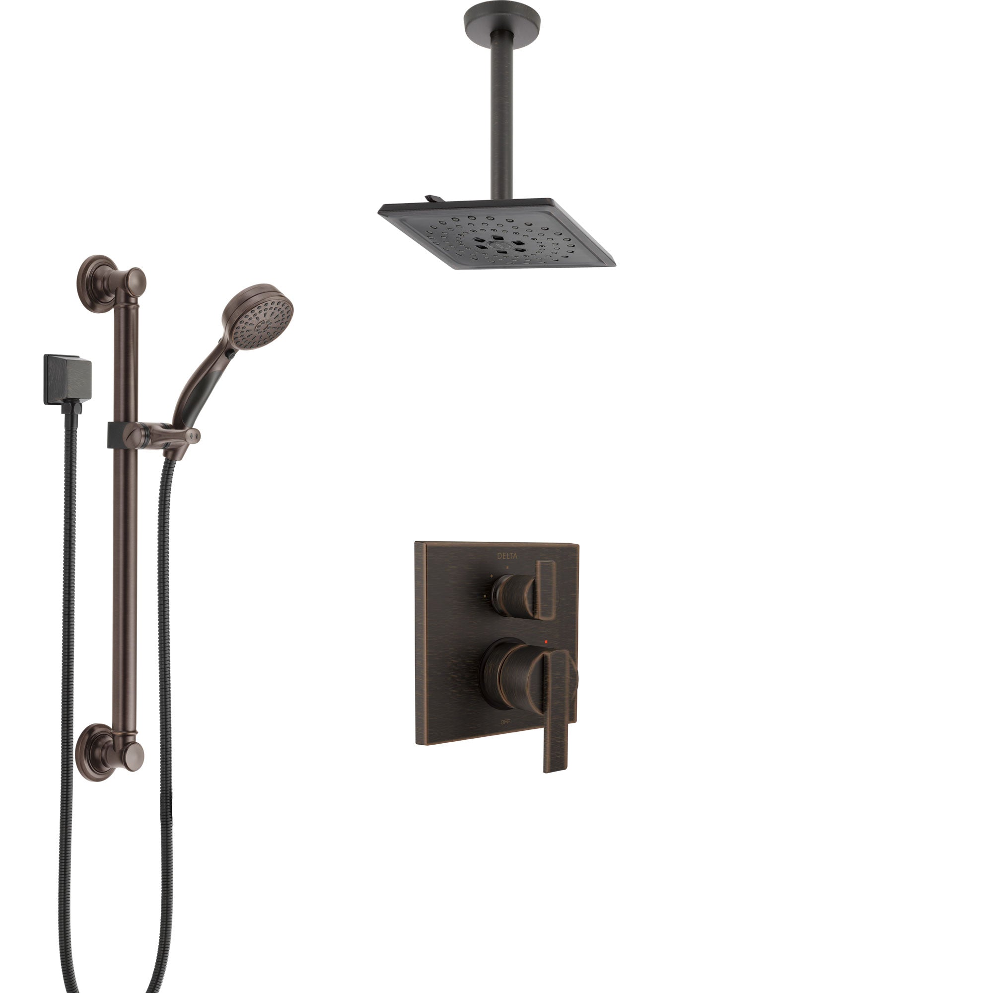 Delta Ara Venetian Bronze Shower System with Control Handle, Integrated Diverter, Ceiling Mount Showerhead, and Hand Shower with Grab Bar SS24867RB4