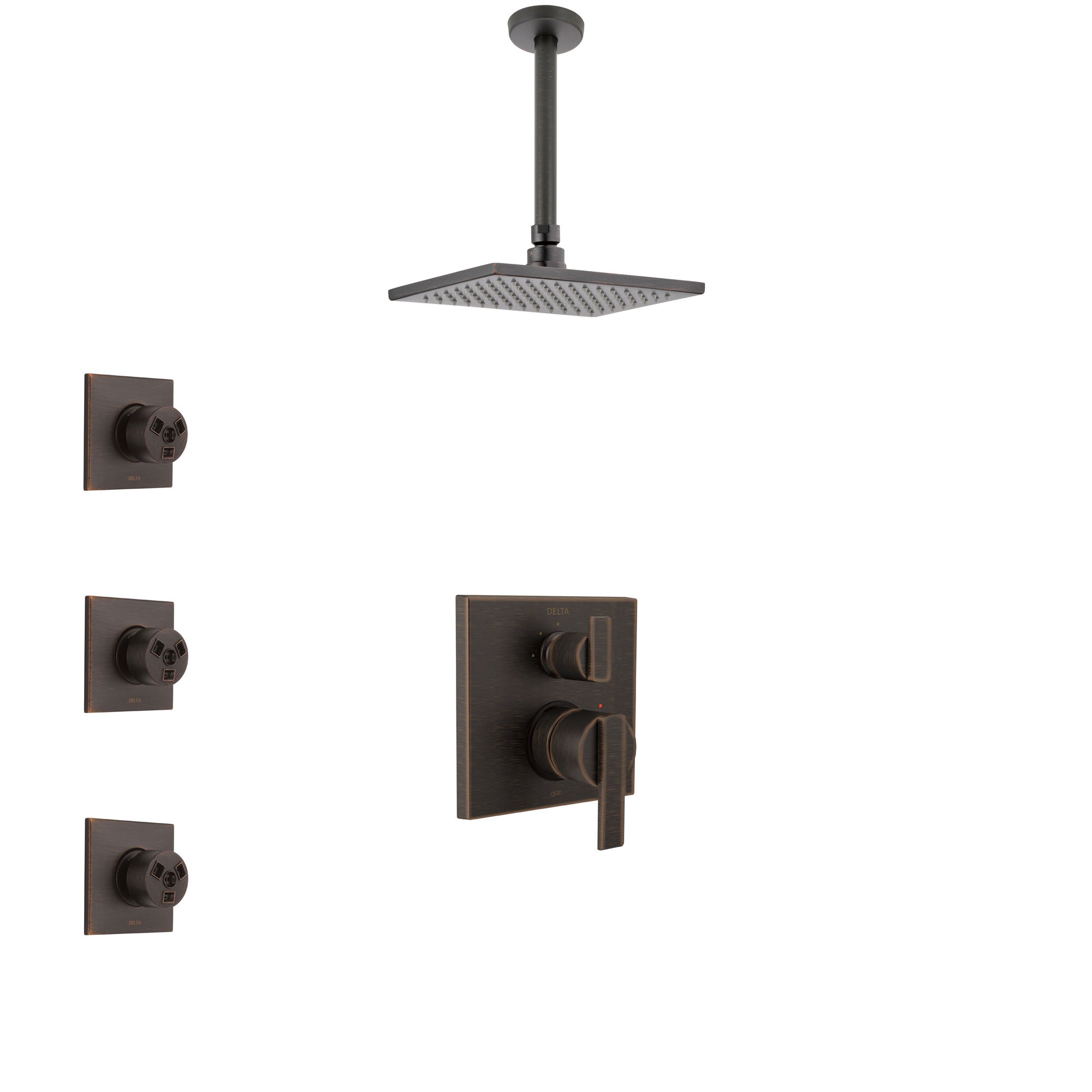 Delta Ara Venetian Bronze Shower System with Control Handle, Integrated 3-Setting Diverter, Ceiling Mount Showerhead, and 3 Body Sprays SS24867RB9