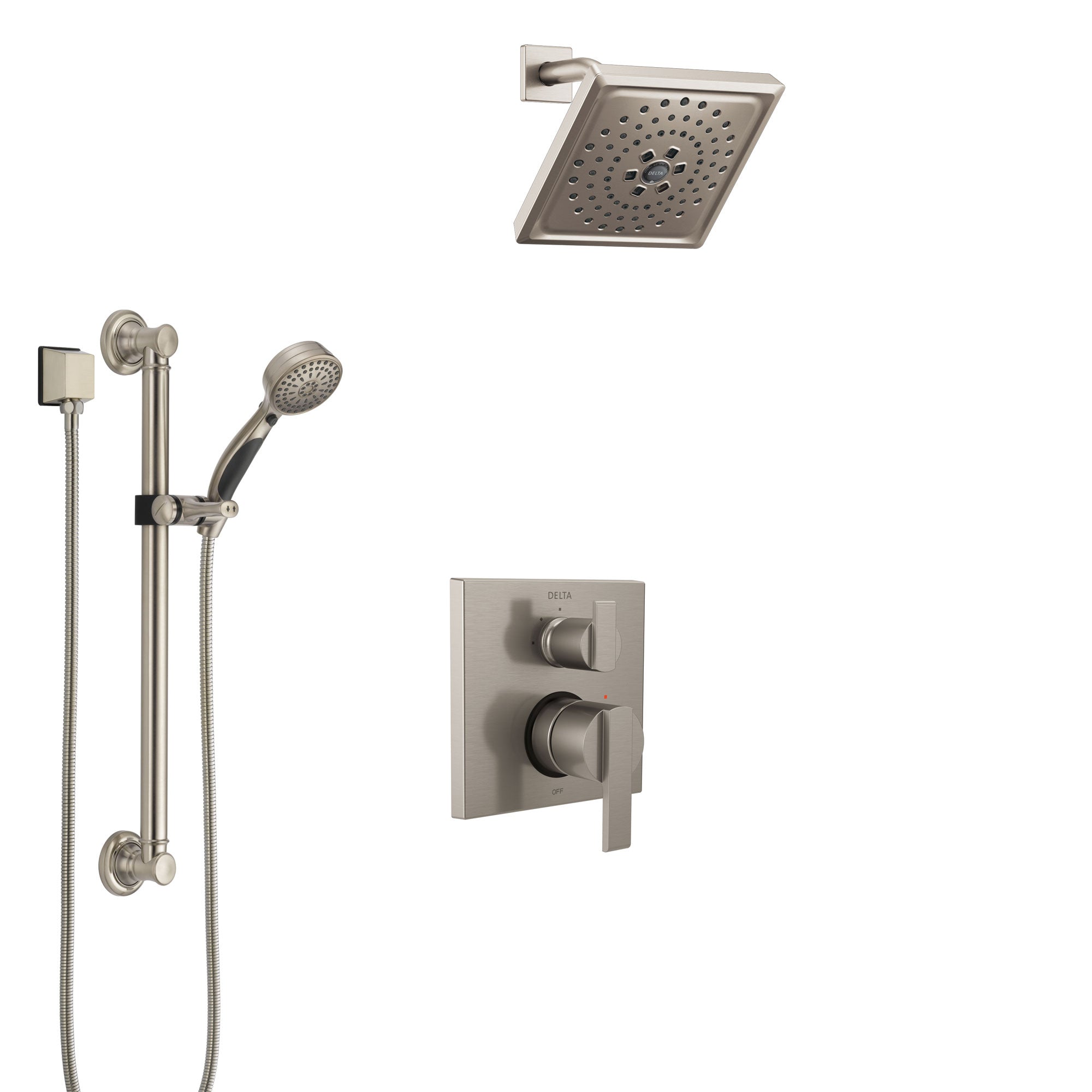 Delta Ara Stainless Steel Finish Shower System with Control Handle, Integrated Diverter, Showerhead, and Hand Shower with Grab Bar SS24867SS4