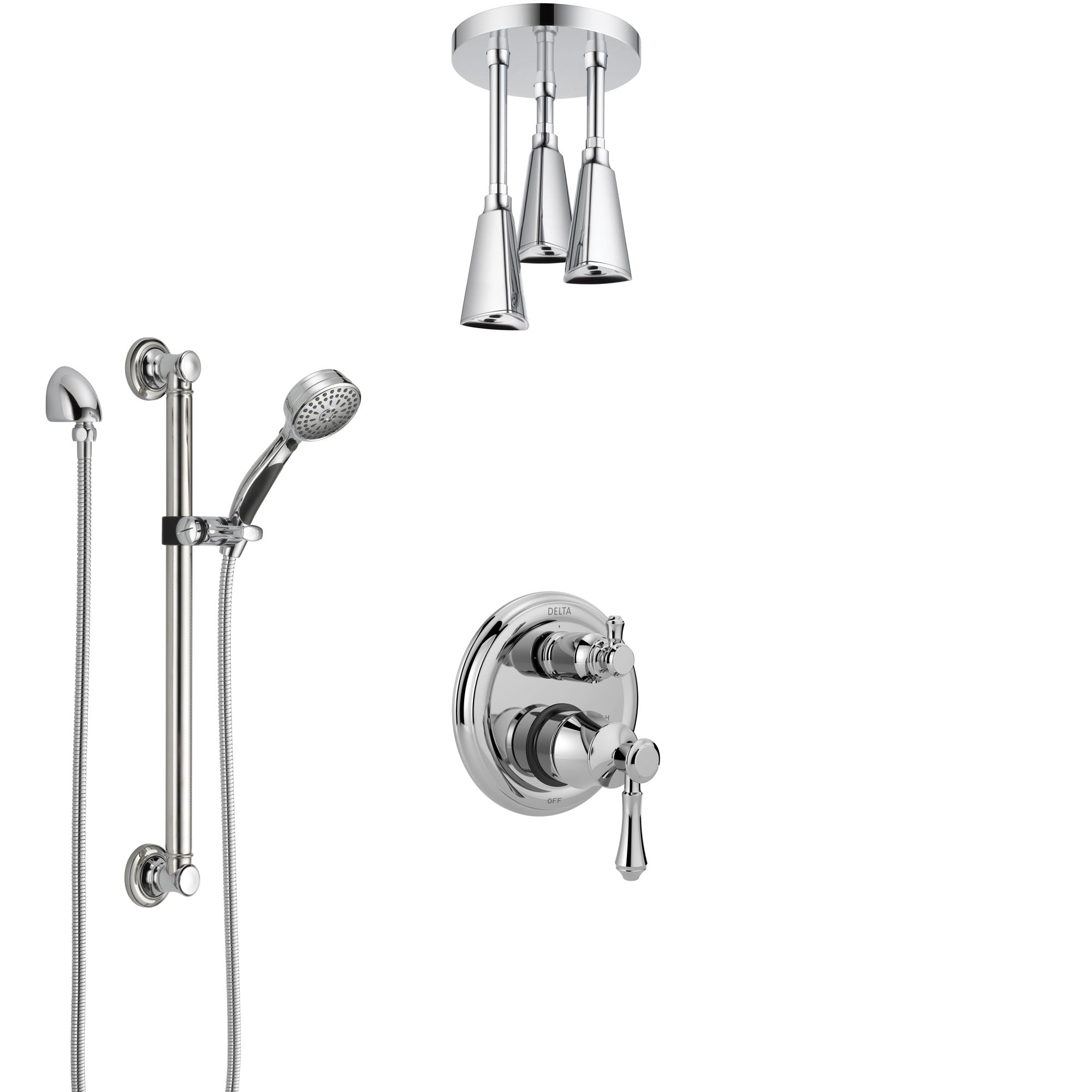 Delta Cassidy Chrome Finish Shower System with Control Handle, Integrated Diverter, Ceiling Mount Showerhead, and Hand Shower with Grab Bar SS248979