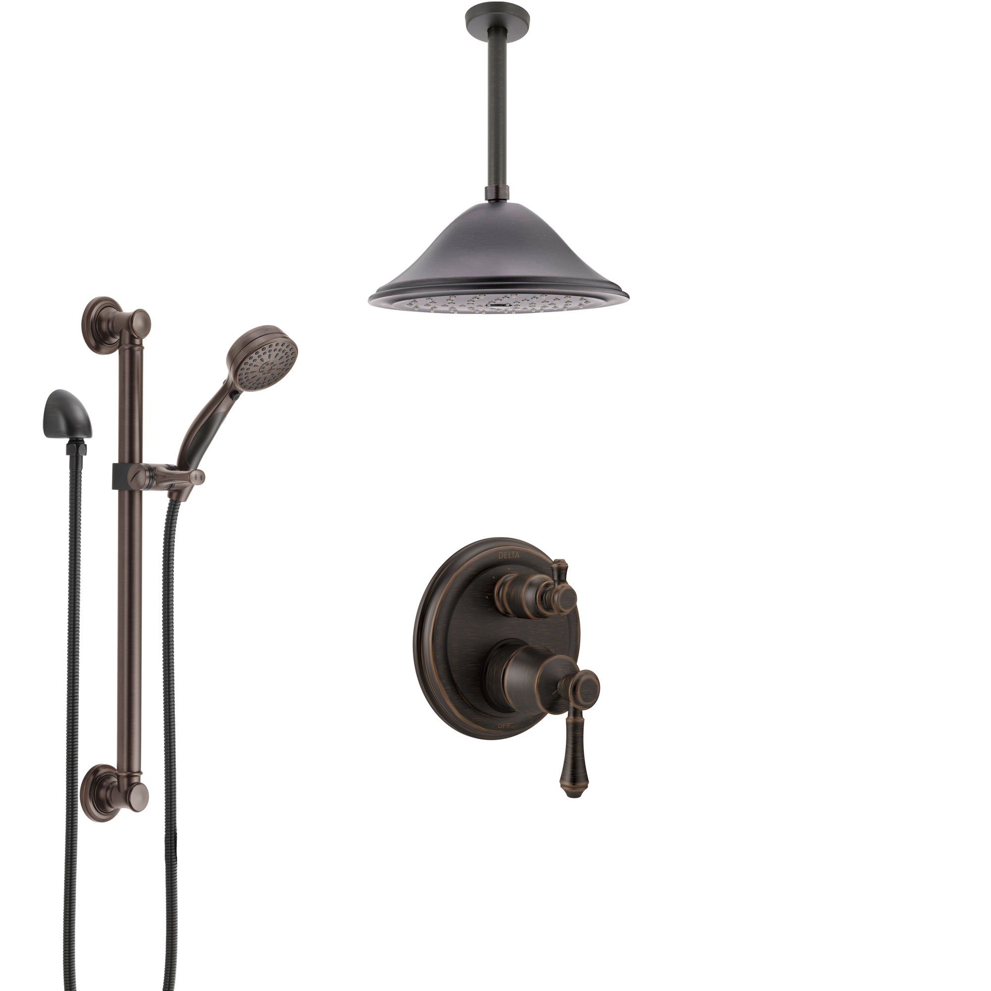 Delta Cassidy Venetian Bronze Shower System with Control Handle, Integrated Diverter, Ceiling Mount Showerhead, and Grab Bar Hand Shower SS24897RB8