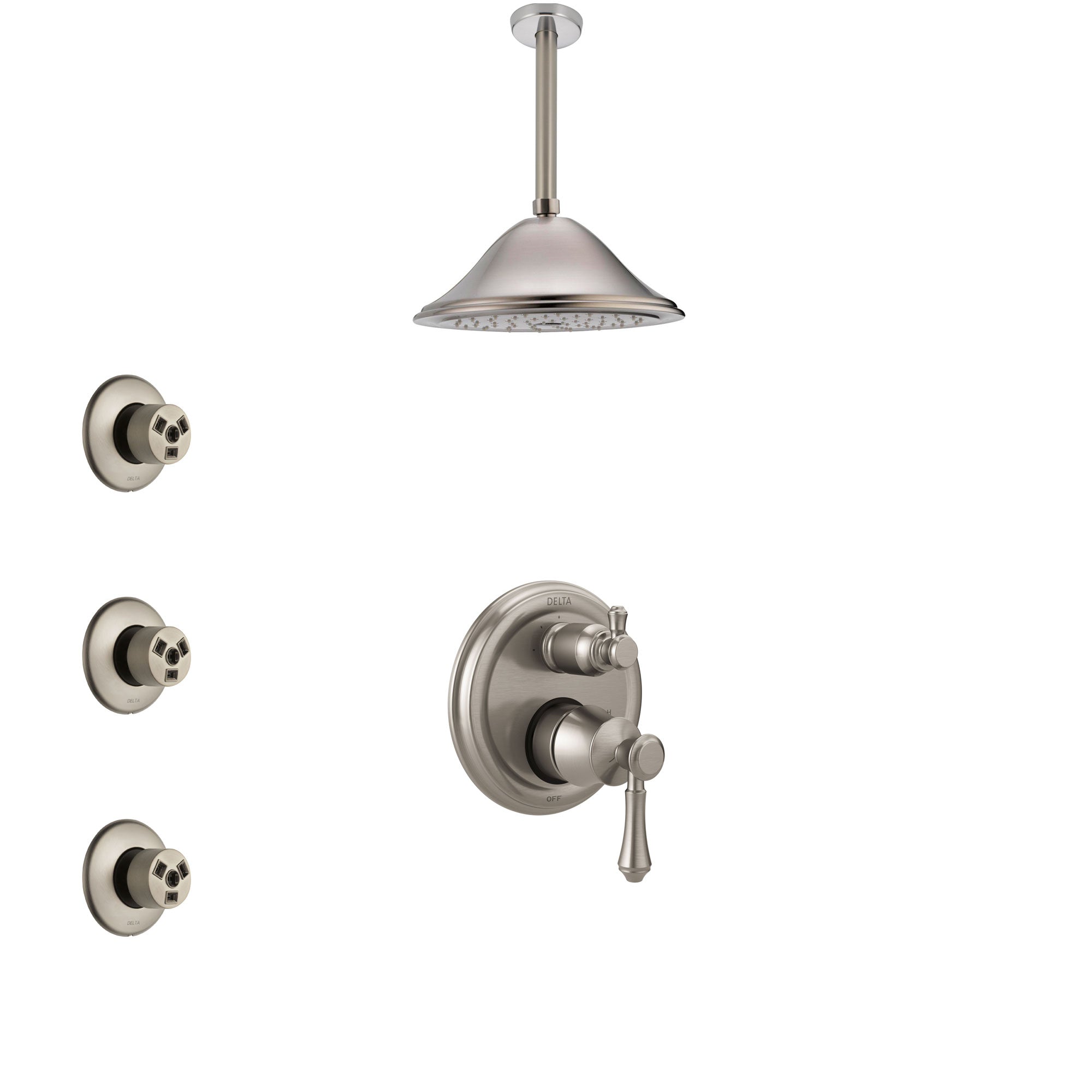 Delta Cassidy Stainless Steel Finish Shower System with Control Handle, Integrated Diverter, Ceiling Mount Showerhead, and 3 Body Sprays SS24897SS9