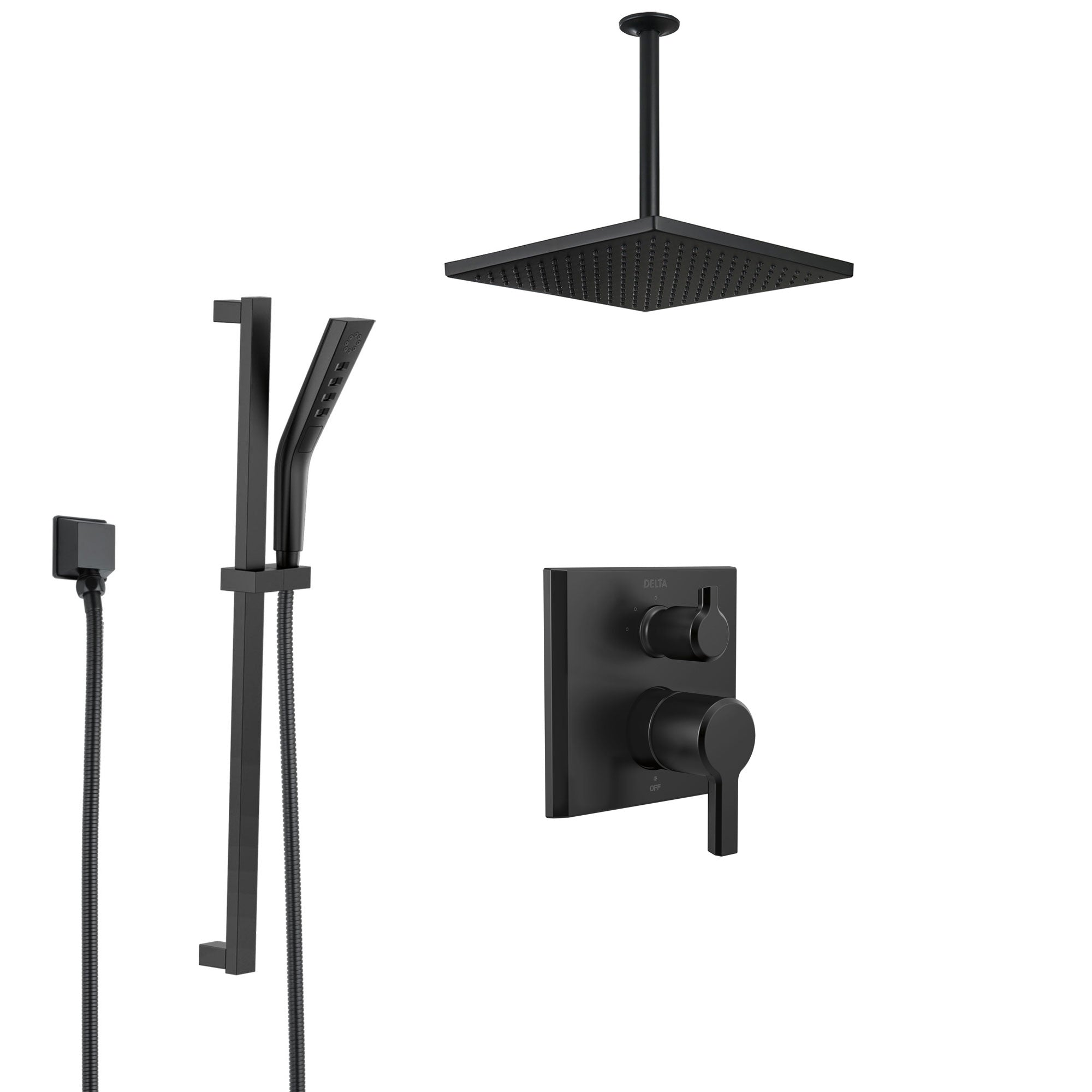 Delta Pivotal Matte Black Finish Integrated Diverter Shower System with Square Ceiling Mount Rain Showerhead and Hand Shower with Slide Bar SS24899BL2