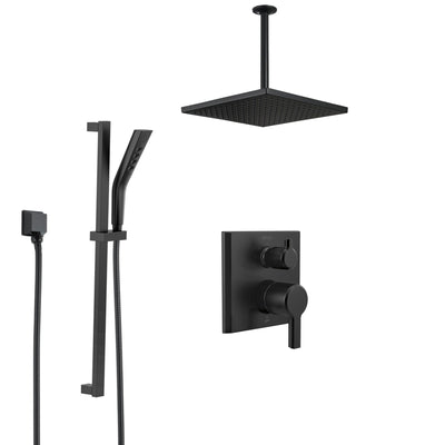 Delta Pivotal Matte Black Finish Integrated Diverter Shower System with Square Ceiling Mount Rain Showerhead and Hand Shower with Slide Bar SS24899BL2