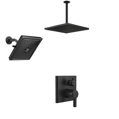 Delta Pivotal Matte Black Multi-Spray Shower System with Integrated Diverter, Large Square Ceiling Rain Showerhead and Wall Showerhead SS24899BL7