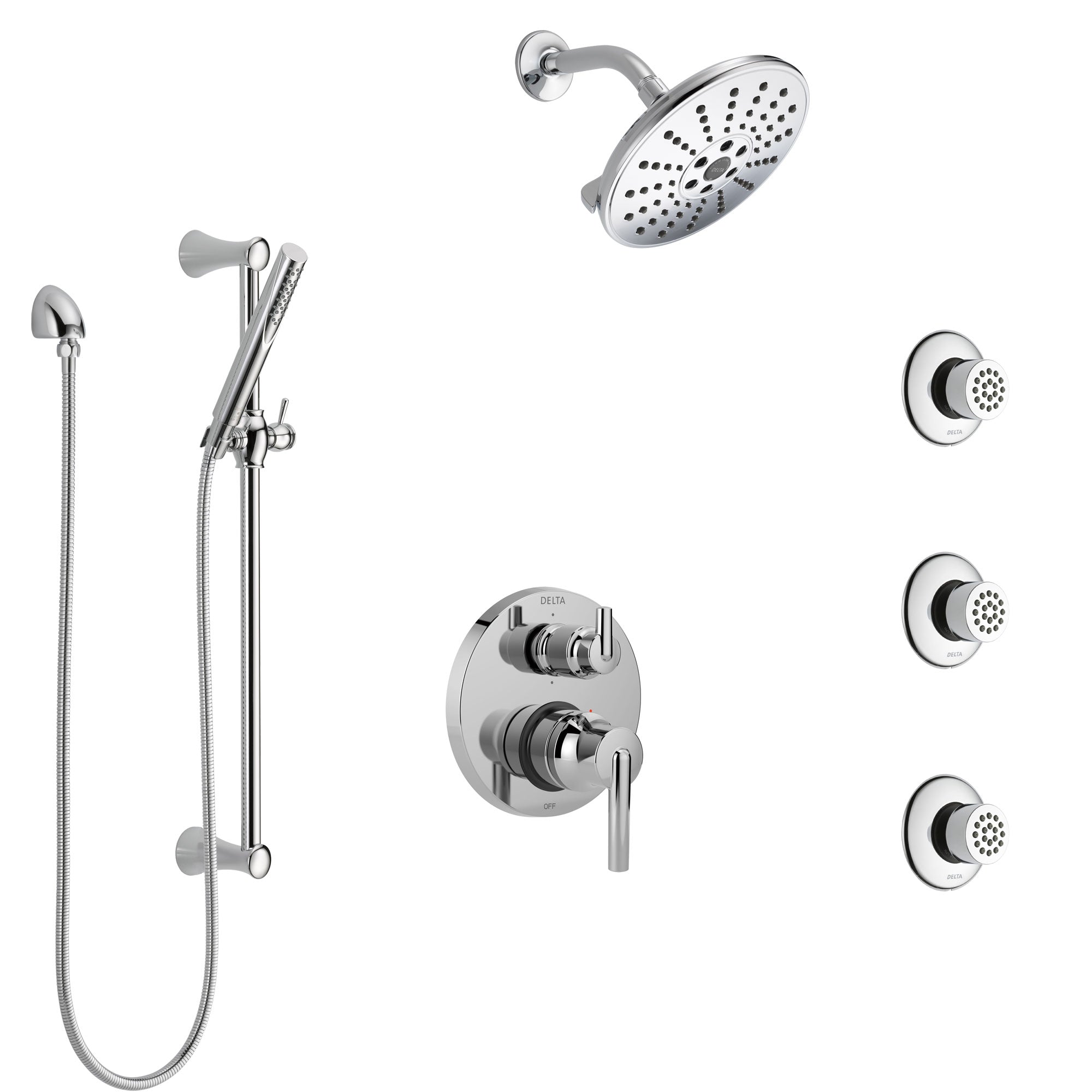 Delta Trinsic Chrome Finish Shower System with Control Handle, Integrated 6-Setting Diverter, Showerhead, 3 Body Sprays, and Hand Shower SS249591