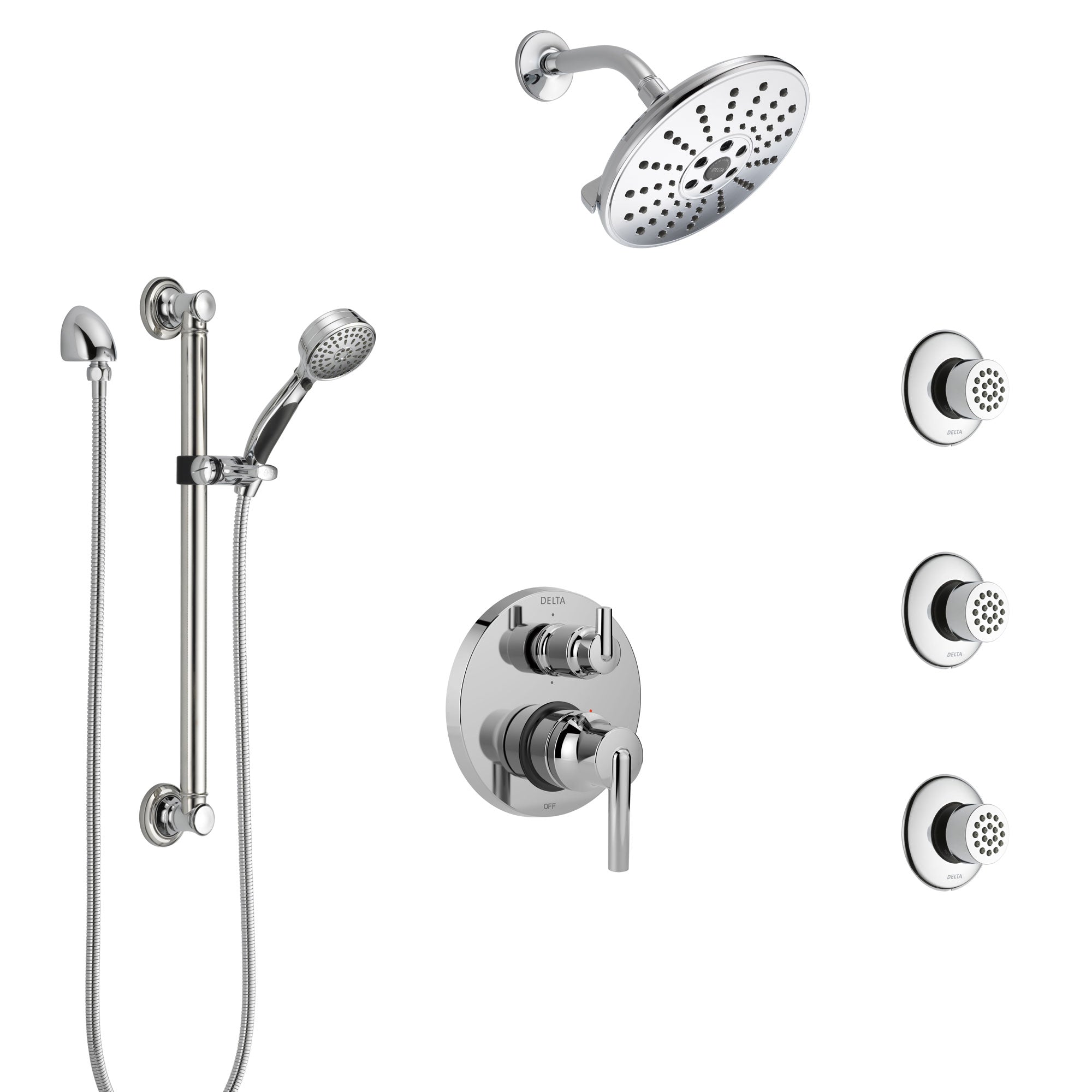 Delta Trinsic Chrome Shower System with Control Handle, Integrated Diverter, Showerhead, 3 Body Sprays, and Hand Shower with Grab Bar SS249592