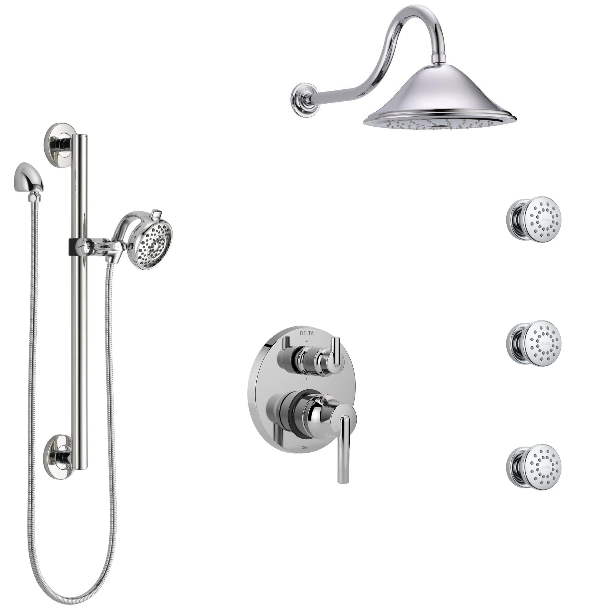Delta Trinsic Chrome Shower System with Control Handle, Integrated Diverter, Showerhead, 3 Body Sprays, and Hand Shower with Grab Bar SS249597