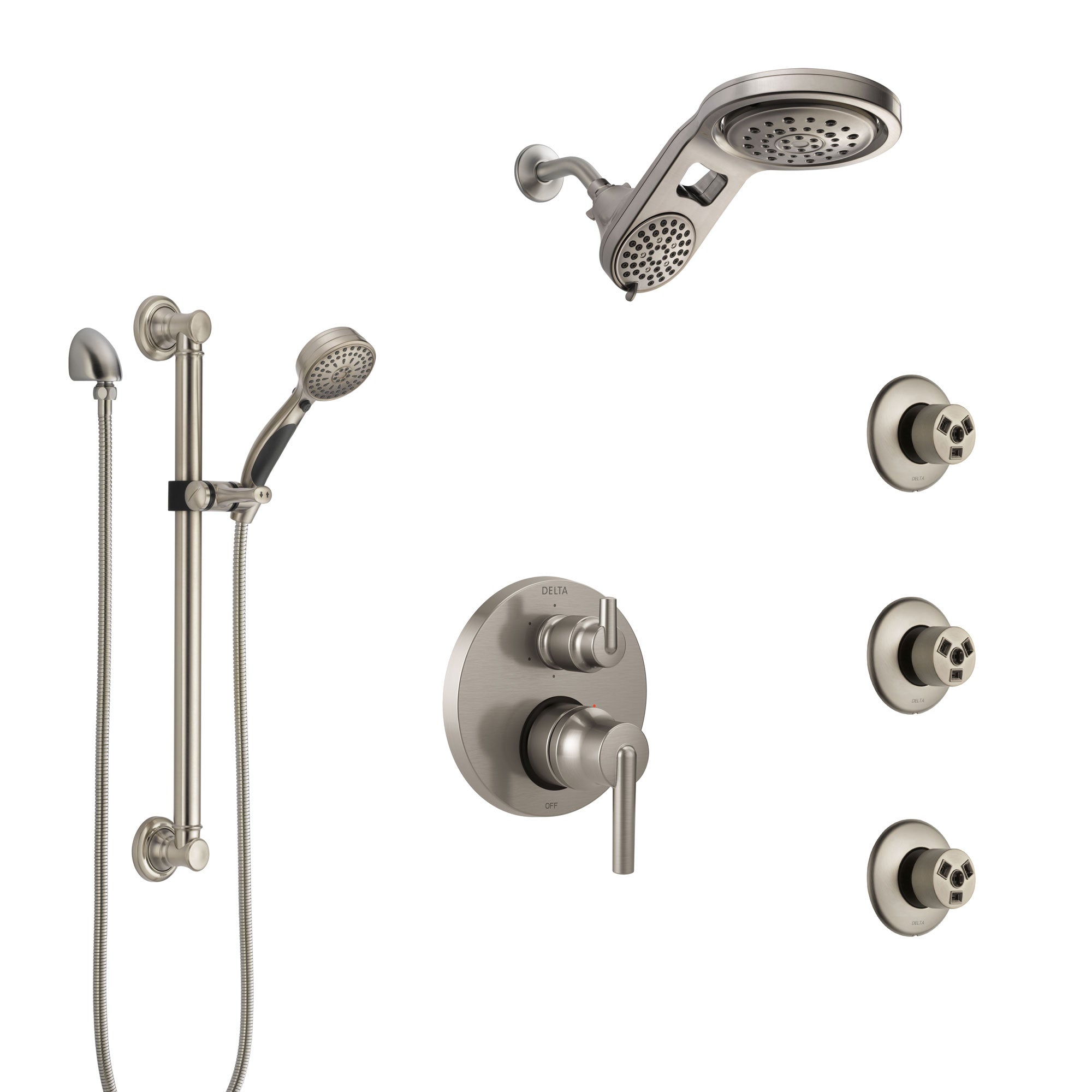 Delta Trinsic Stainless Steel Finish Integrated Diverter Shower System Control Handle, Dual Showerhead, 3 Body Sprays, Grab Bar Hand Spray SS24959SS10