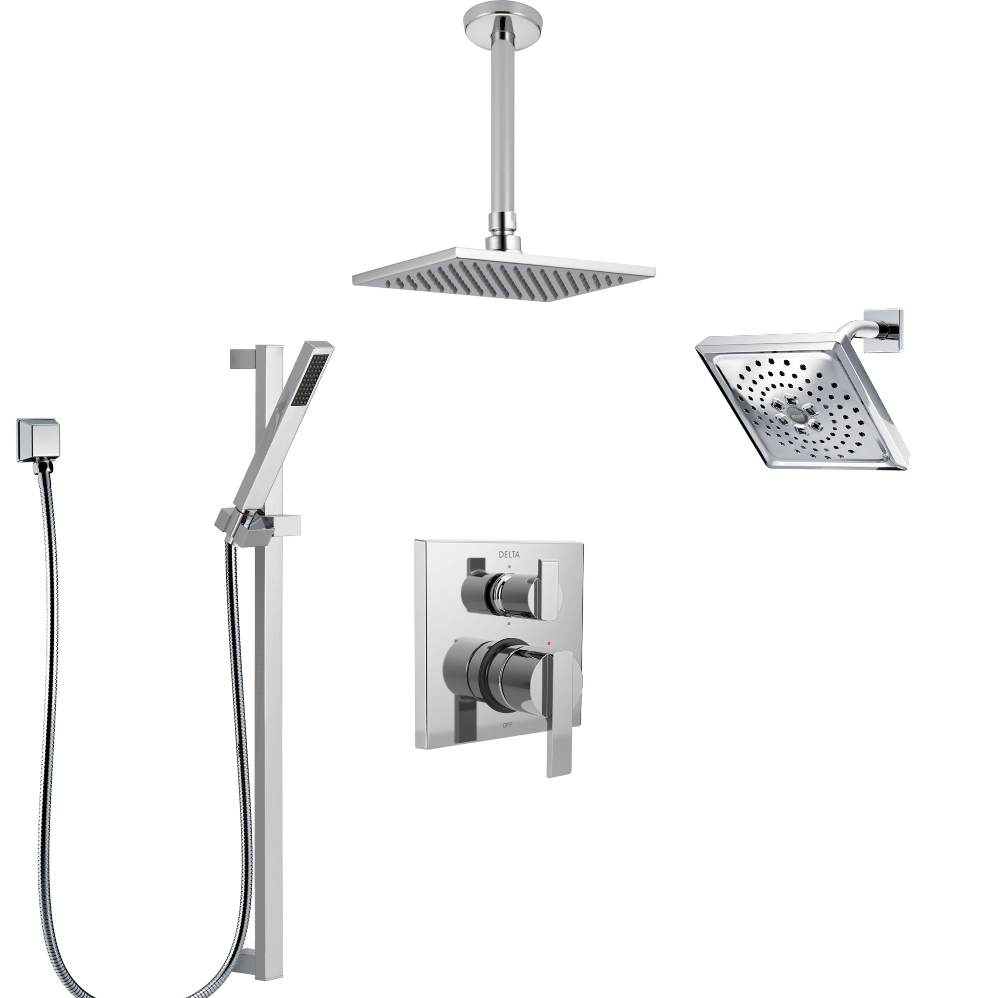 Delta Ara Chrome Shower System with Control Handle, Integrated 6-Setting Diverter, Showerhead, Ceiling Mount Showerhead, and Hand Shower SS2496712