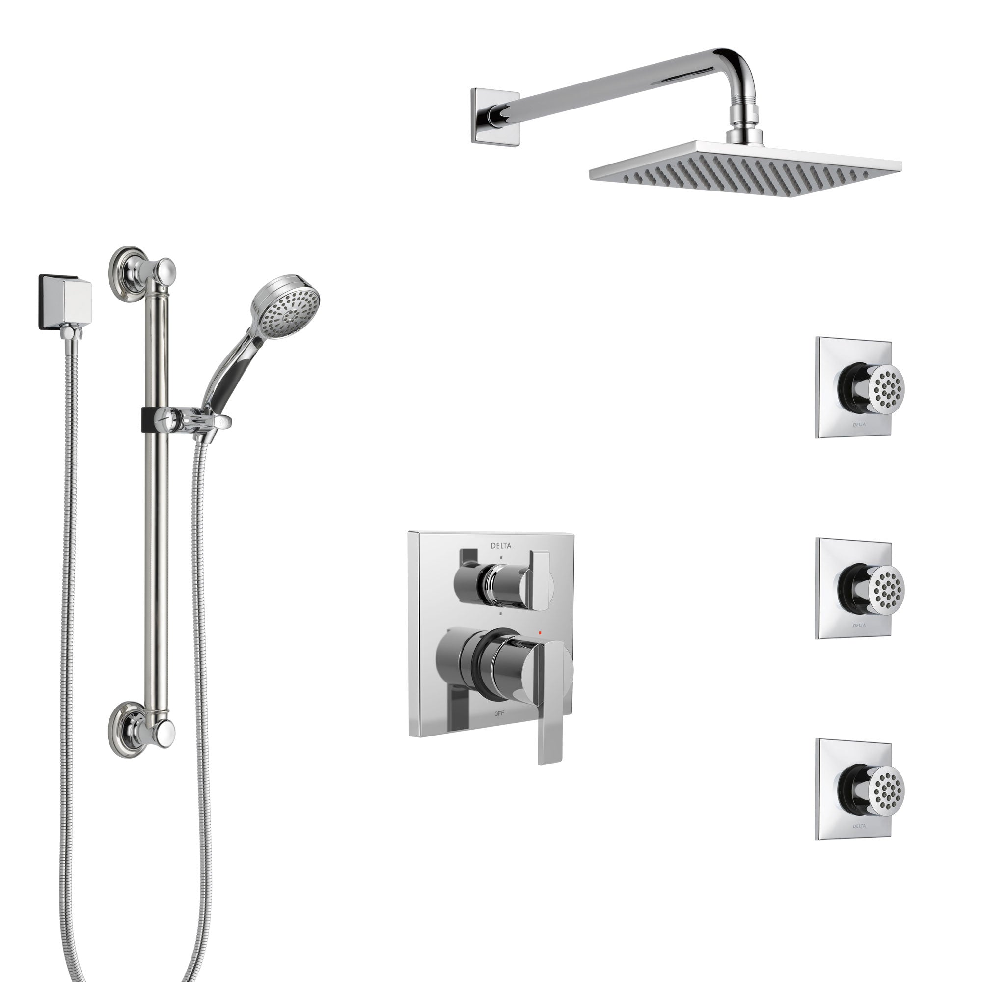 Delta Ara Chrome Shower System with Control Handle, Integrated 6-Setting Diverter, Showerhead, 3 Body Sprays, and Hand Shower with Grab Bar SS249672