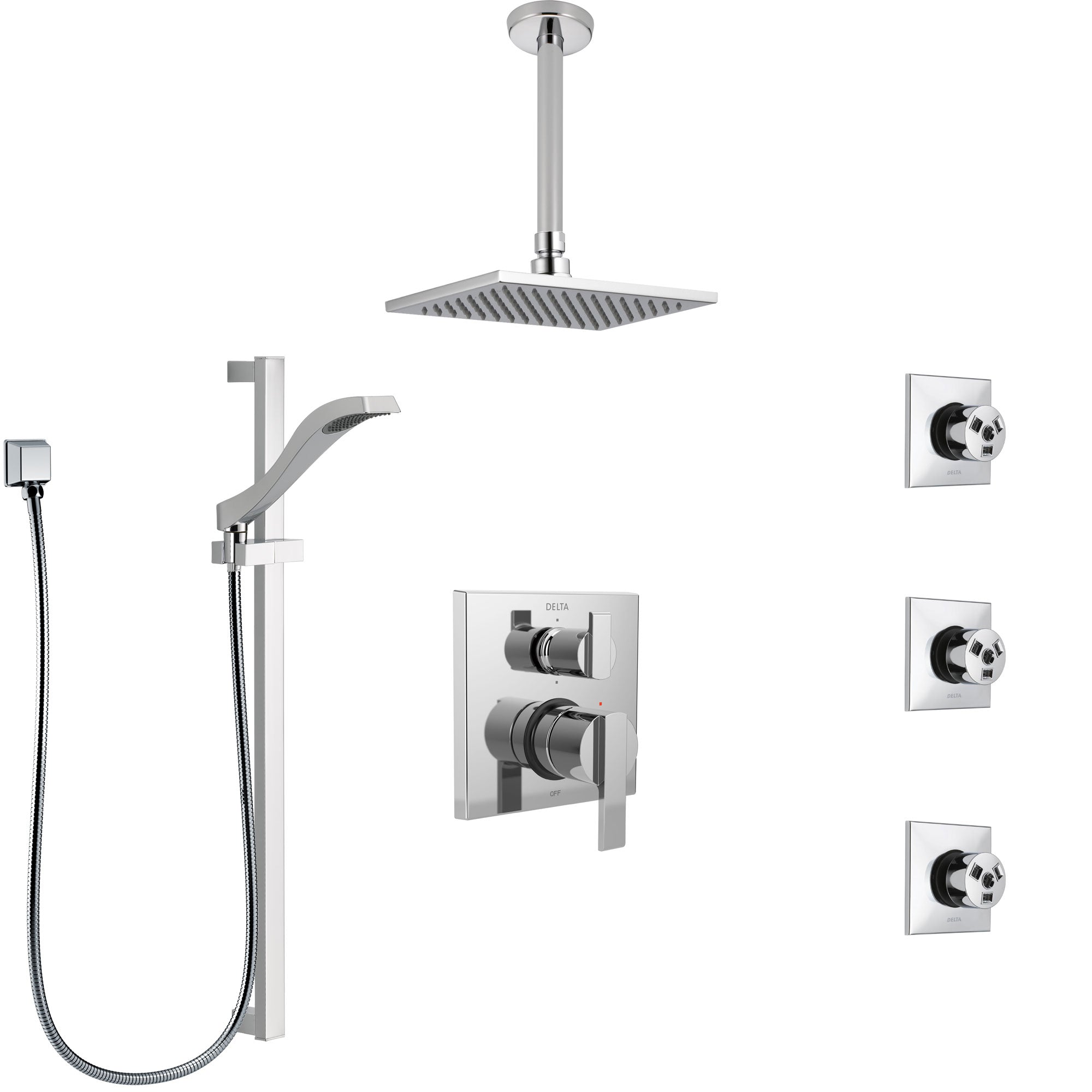 Delta Ara Chrome Shower System with Control Handle, Integrated 6-Setting Diverter, Ceiling Mount Showerhead, 3 Body Sprays, and Hand Shower SS249678