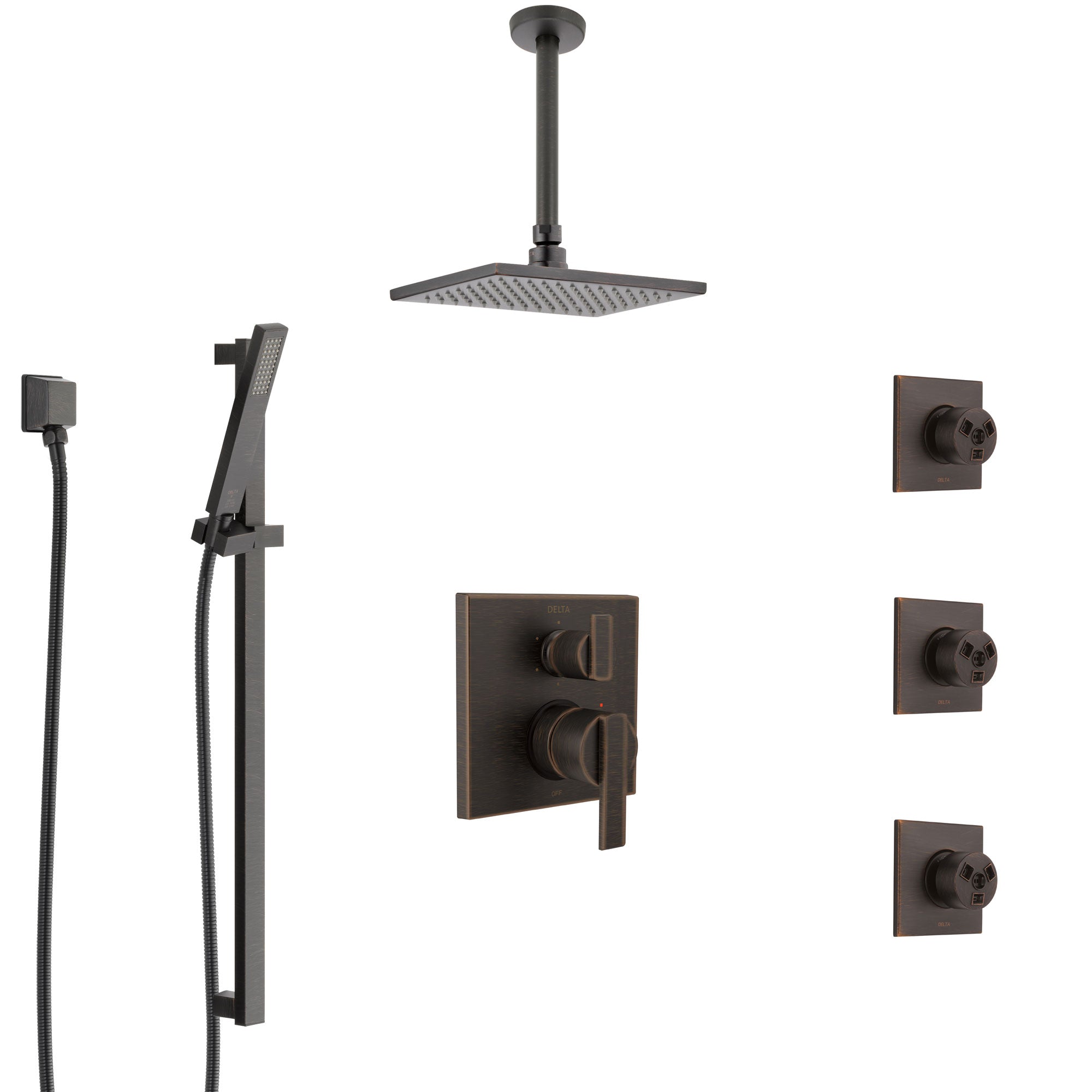 Delta Ara Venetian Bronze Shower System with Control Handle, Integrated Diverter, Ceiling Mount Showerhead, 3 Body Sprays, and Hand Shower SS24967RB3