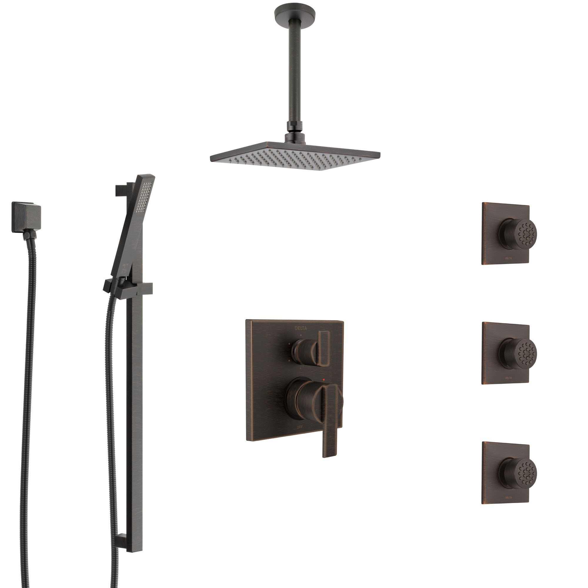 Delta Ara Venetian Bronze Shower System with Control Handle, Integrated Diverter, Ceiling Mount Showerhead, 3 Body Sprays, and Hand Shower SS24967RB4