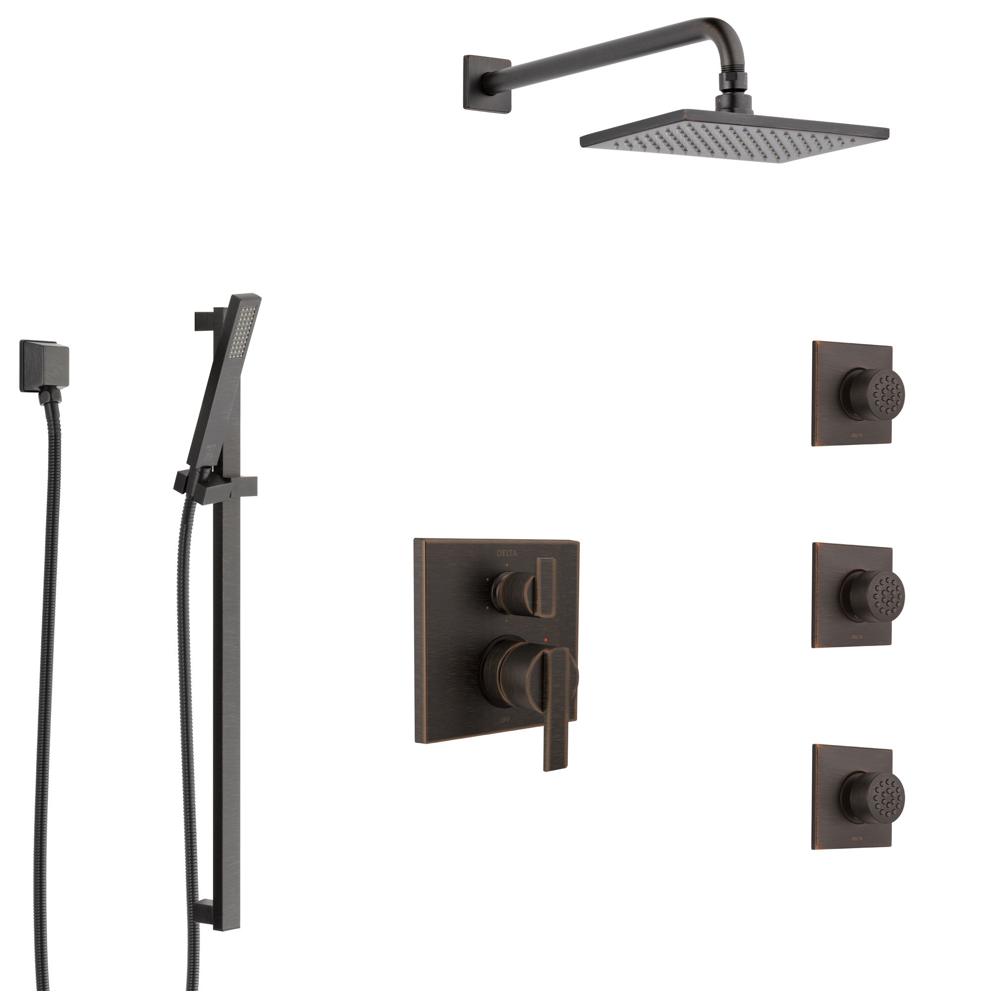 Delta Ara Venetian Bronze Shower System with Control Handle, Integrated 6-Setting Diverter, Showerhead, 3 Body Sprays, and Hand Shower SS24967RB5