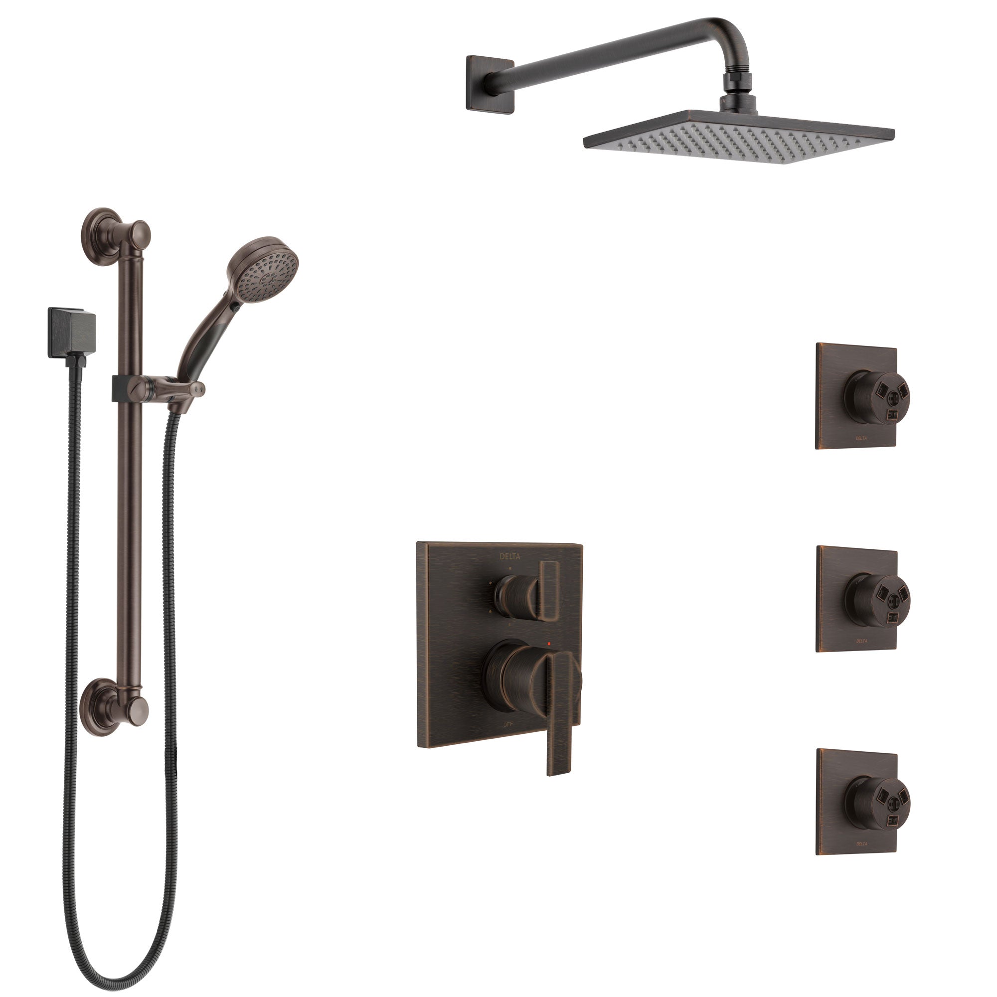 Delta Ara Venetian Bronze Shower System with Control Handle, Integrated Diverter, Showerhead, 3 Body Sprays, and Hand Shower with Grab Bar SS24967RB7